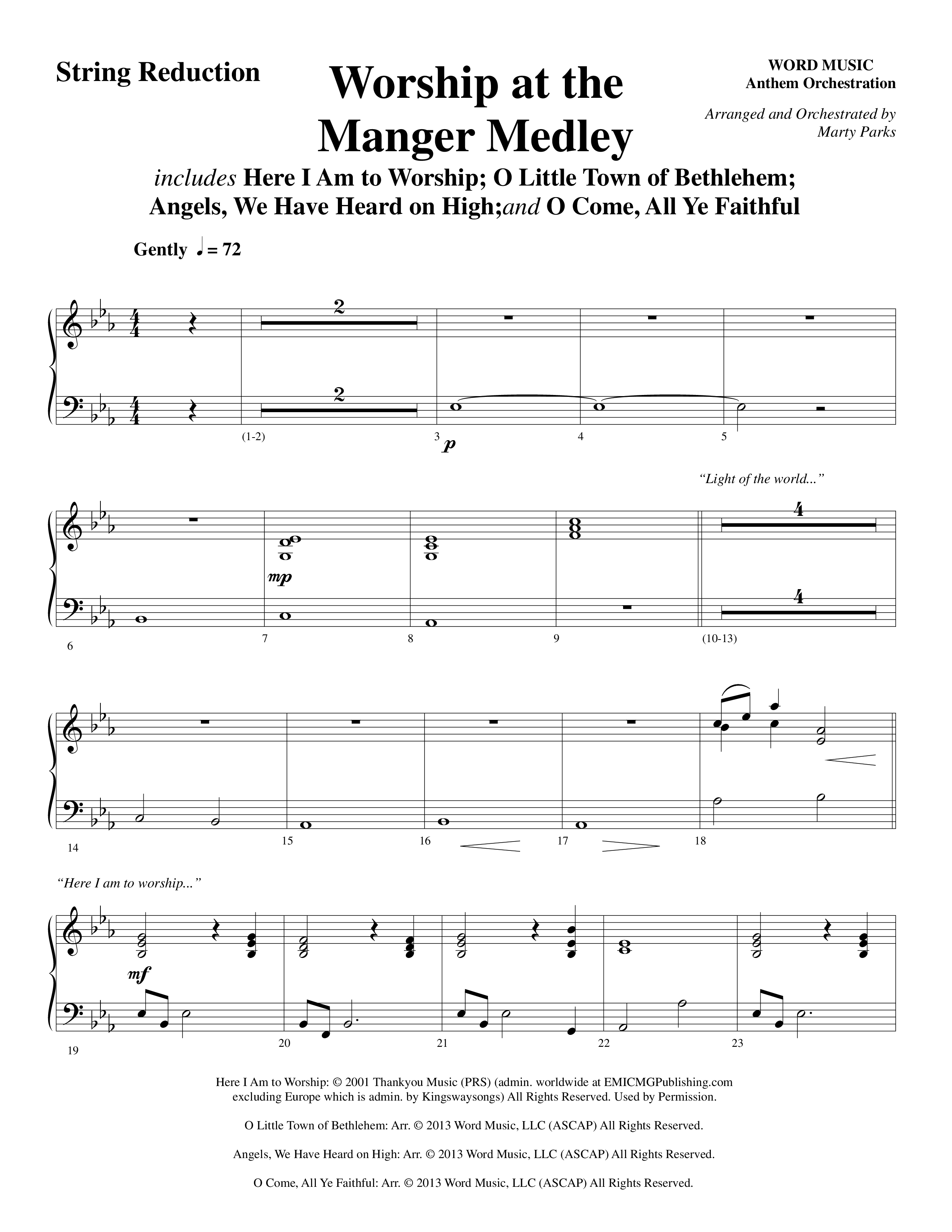 Worship At The Manger Medley (with Three Traditional Carols) (Choral Anthem SATB) String Reduction (Word Music Choral / Arr. Marty Parks)