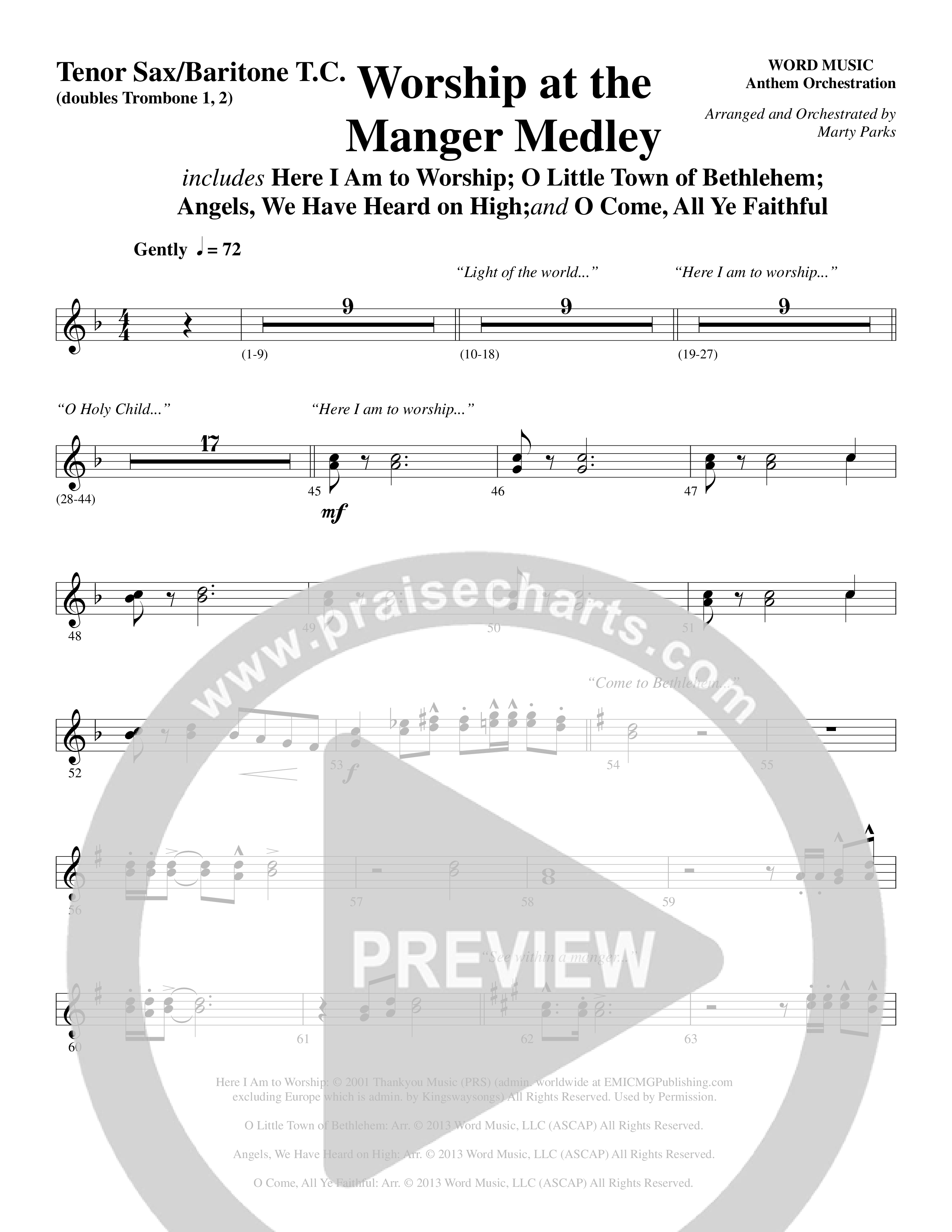 Worship At The Manger Medley (with Three Traditional Carols) (Choral Anthem SATB) Tenor Sax/Baritone T.C. (Word Music Choral / Arr. Marty Parks)
