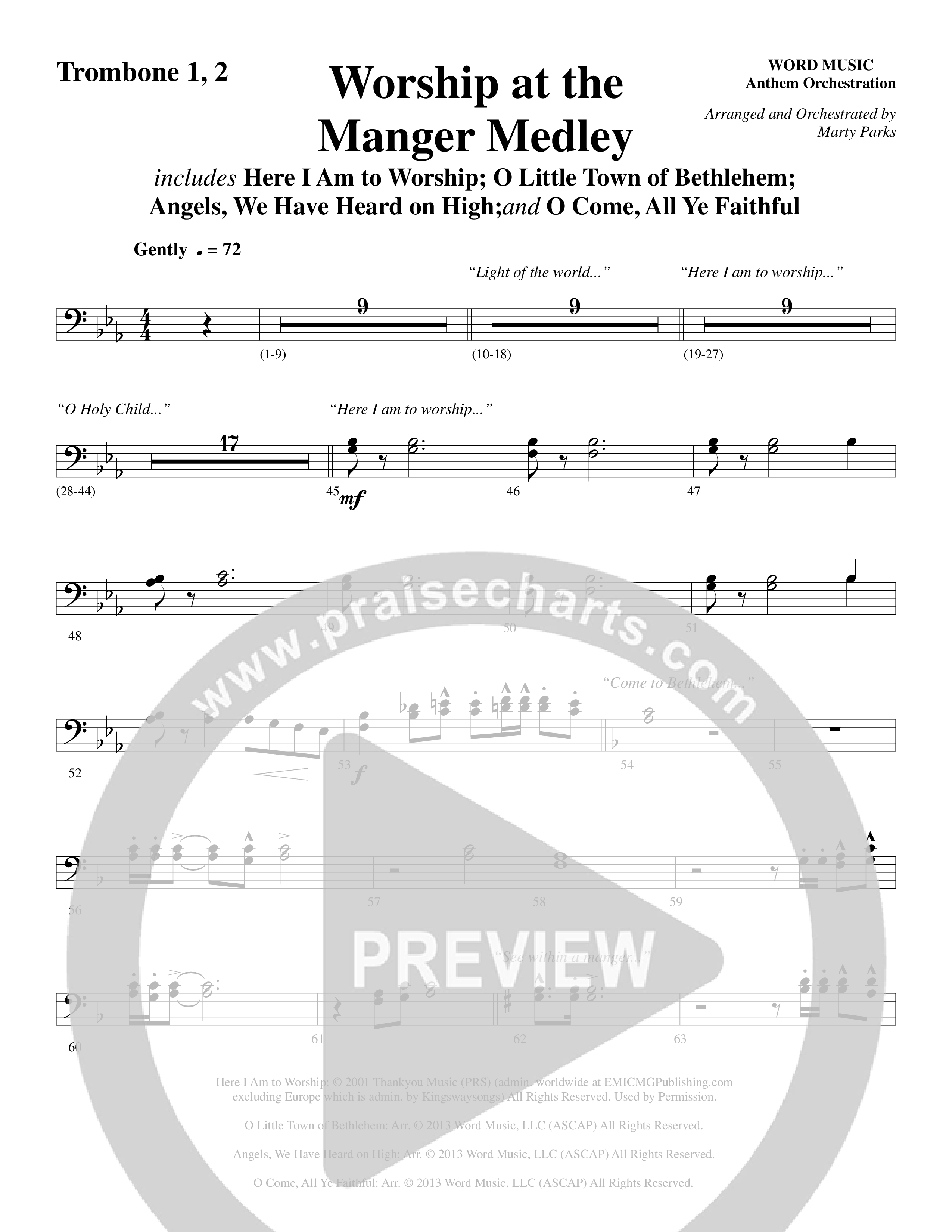 Worship At The Manger Medley (with Three Traditional Carols) (Choral Anthem SATB) Trombone 1/2 (Word Music Choral / Arr. Marty Parks)