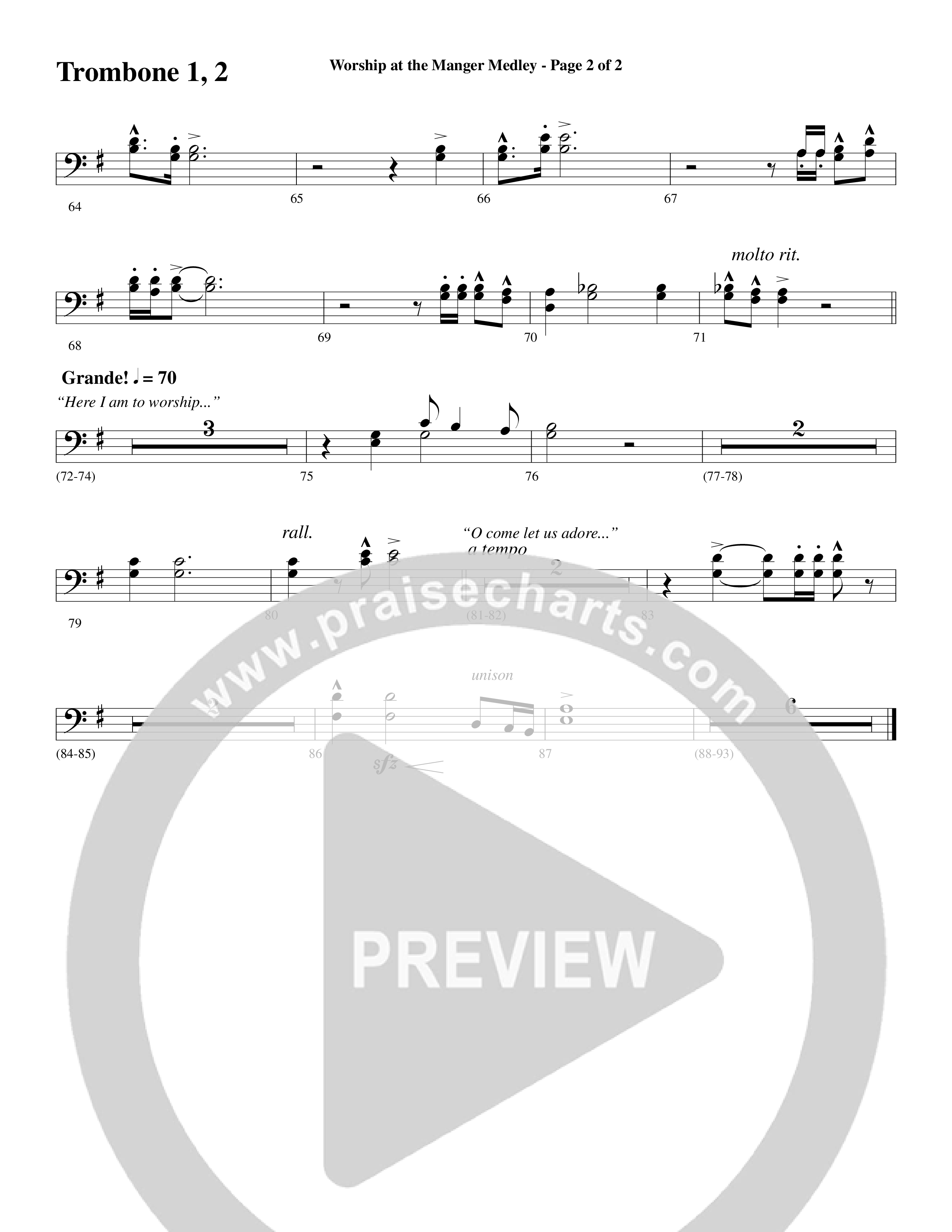 Worship At The Manger Medley (with Three Traditional Carols) (Choral Anthem SATB) Trombone 1/2 (Word Music Choral / Arr. Marty Parks)