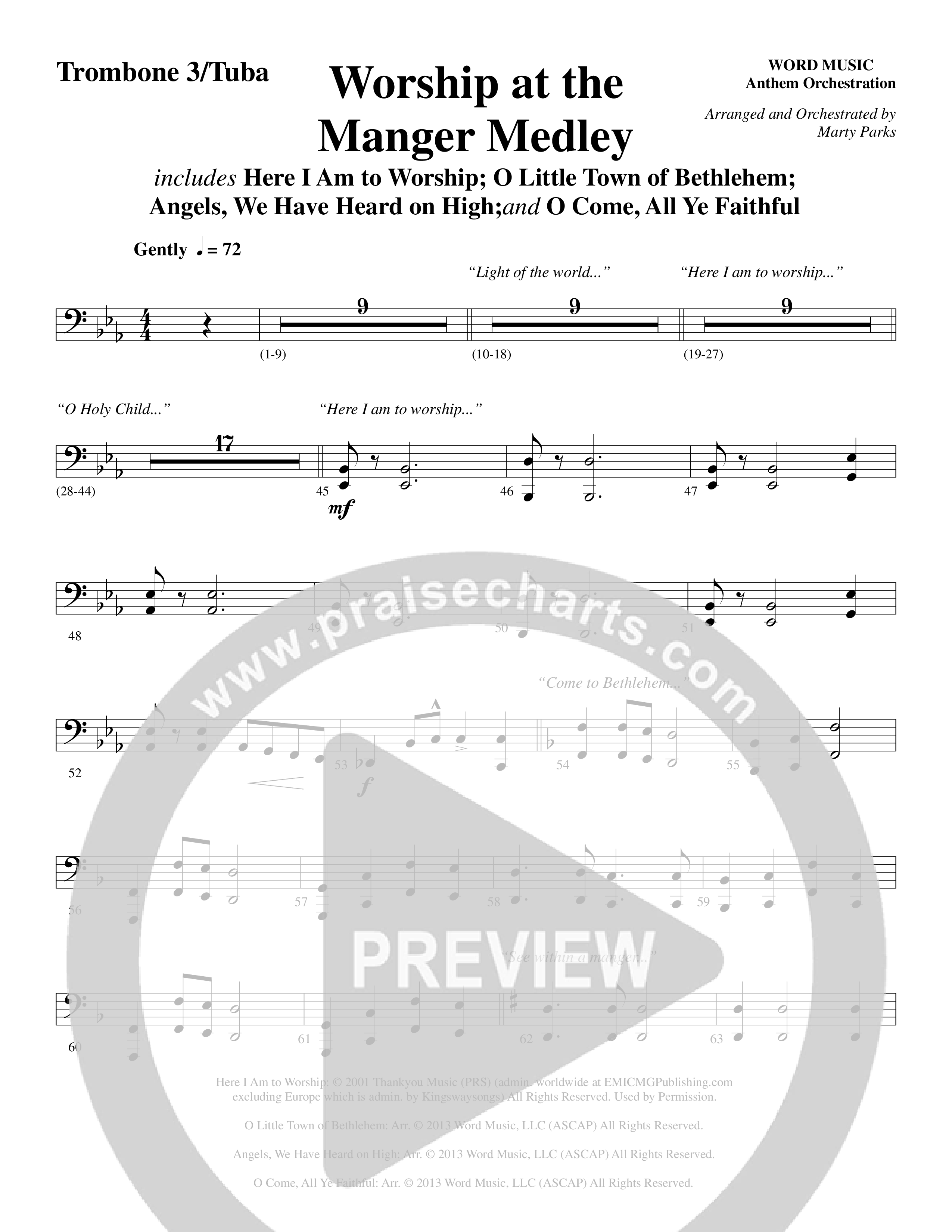 Worship At The Manger Medley (with Three Traditional Carols) (Choral Anthem SATB) Trombone 3/Tuba (Word Music Choral / Arr. Marty Parks)
