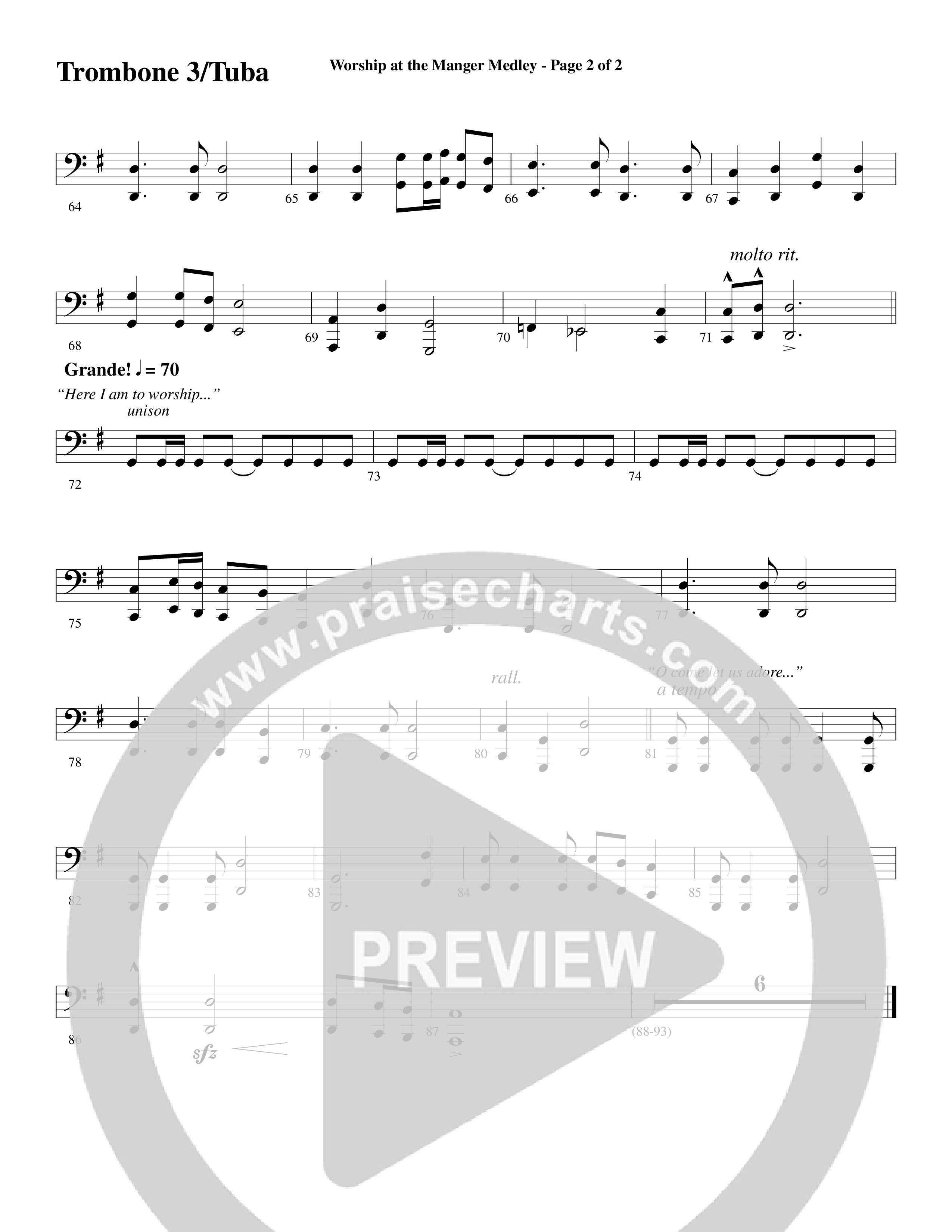 Worship At The Manger Medley (with Three Traditional Carols) (Choral Anthem SATB) Trombone 3/Tuba (Word Music Choral / Arr. Marty Parks)