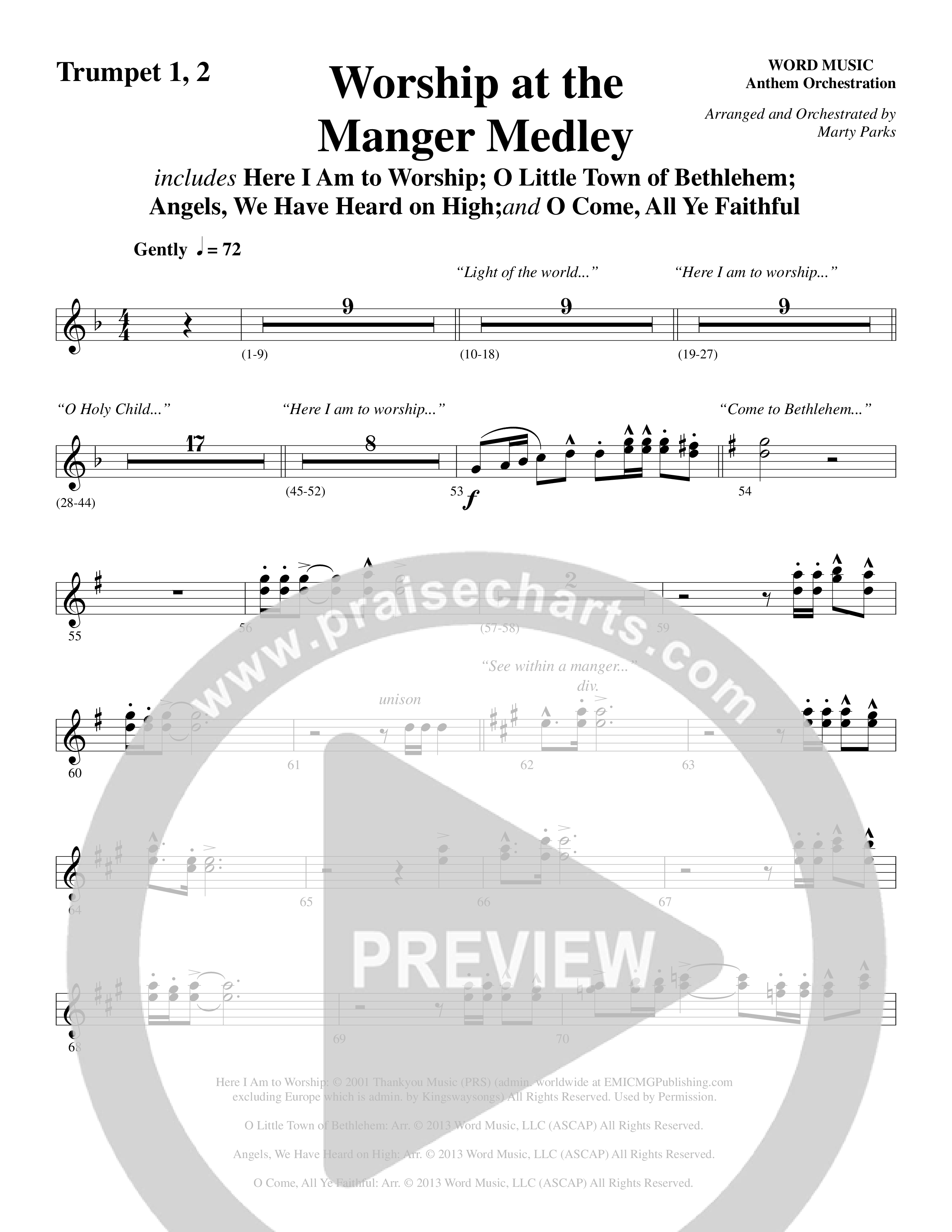 Worship At The Manger Medley (with Three Traditional Carols) (Choral Anthem SATB) Trumpet 1,2 (Word Music Choral / Arr. Marty Parks)