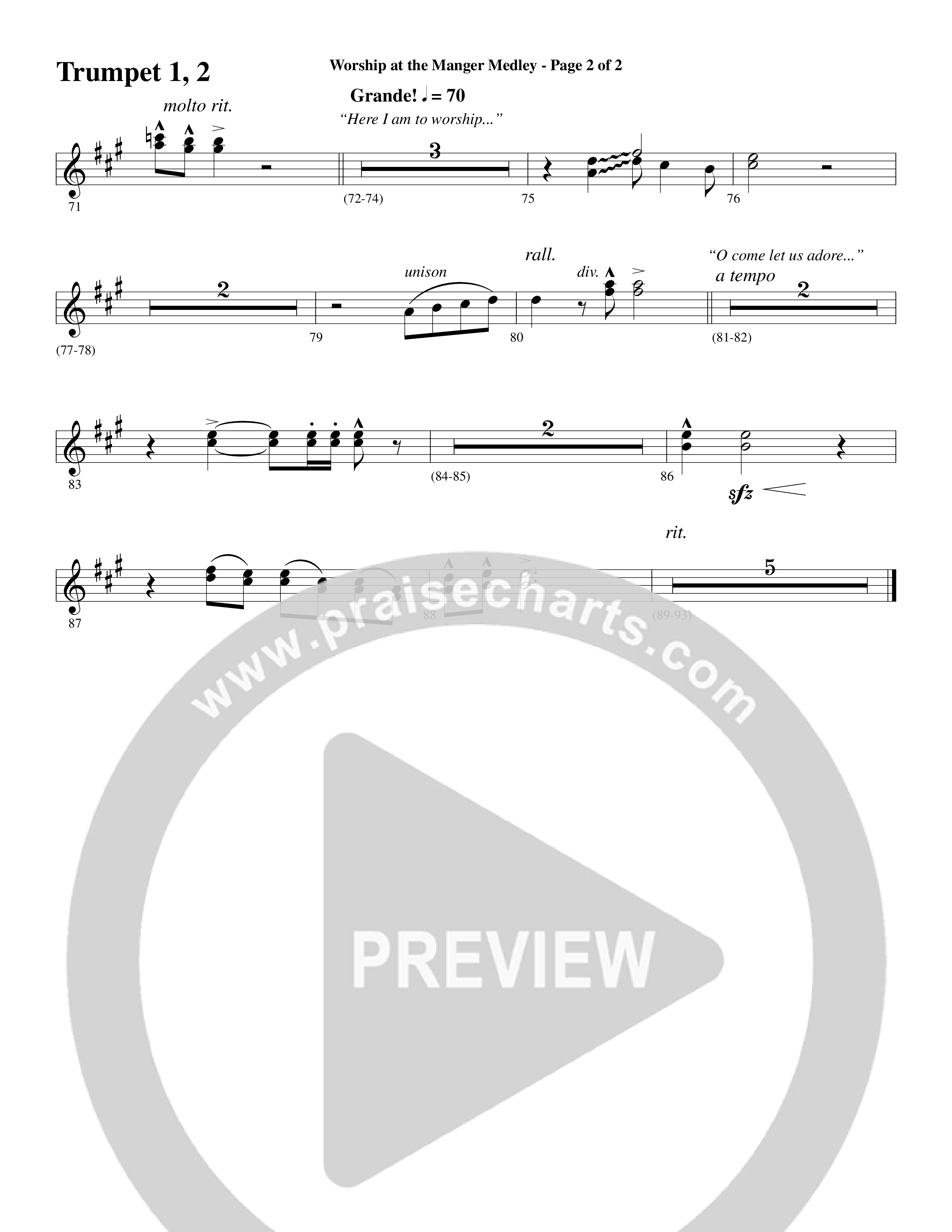 Worship At The Manger Medley (with Three Traditional Carols) (Choral Anthem SATB) Trumpet 1,2 (Word Music Choral / Arr. Marty Parks)