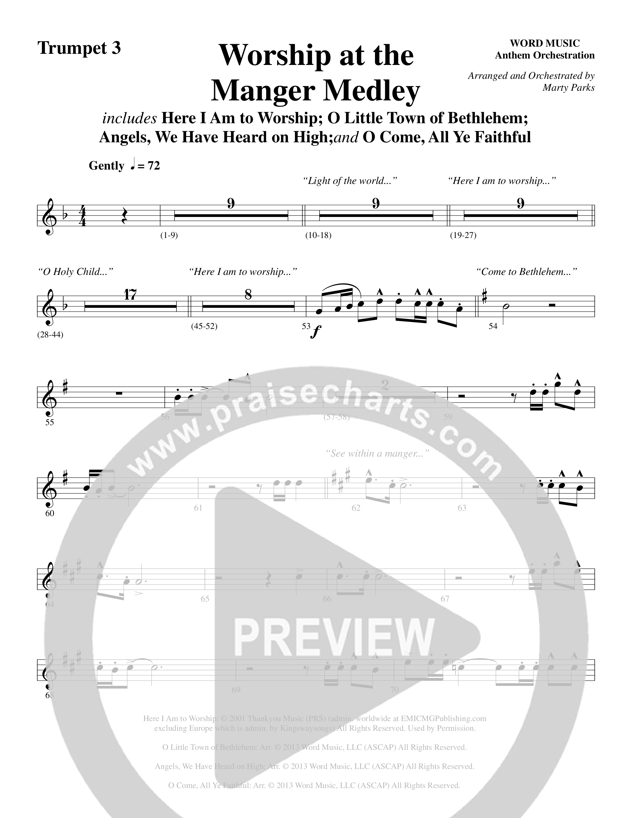 Worship At The Manger Medley (with Three Traditional Carols) (Choral Anthem SATB) Trumpet 3 (Word Music Choral / Arr. Marty Parks)