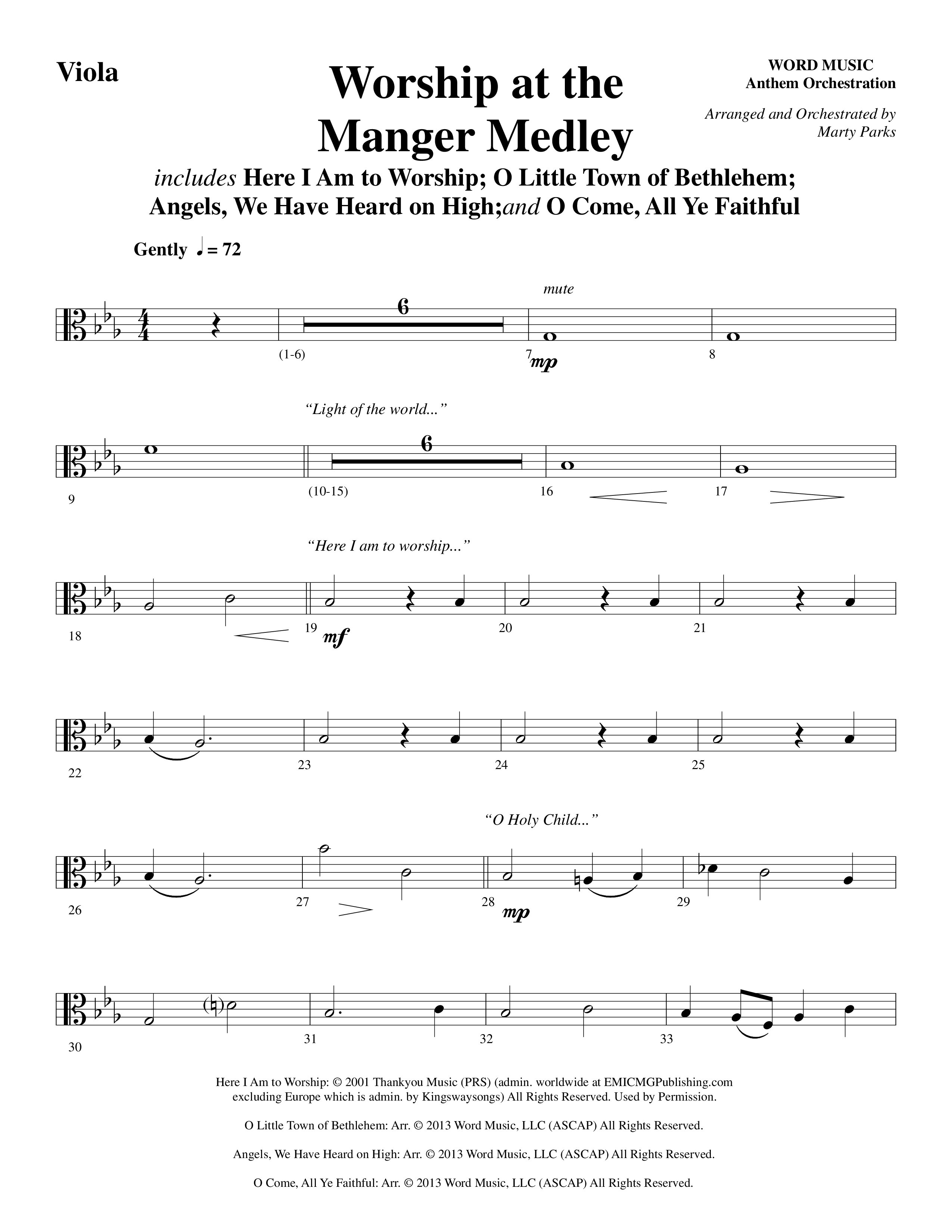 Worship At The Manger Medley (with Three Traditional Carols) (Choral Anthem SATB) Viola (Word Music Choral / Arr. Marty Parks)