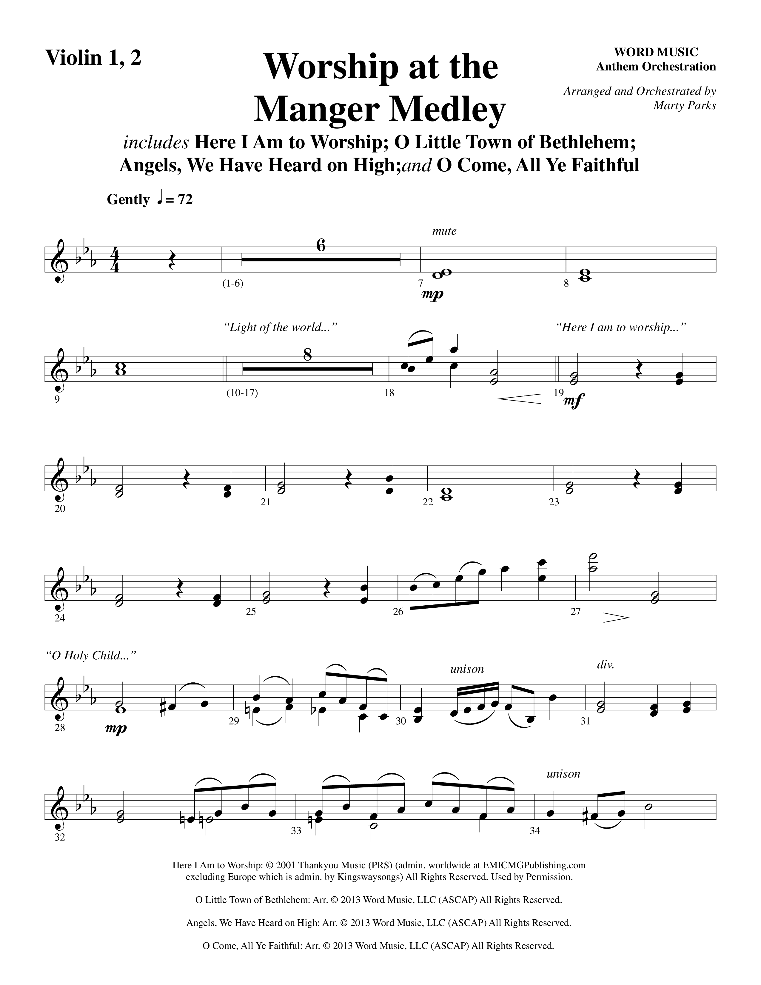 Worship At The Manger Medley (with Three Traditional Carols) (Choral Anthem SATB) Violin 1/2 (Word Music Choral / Arr. Marty Parks)