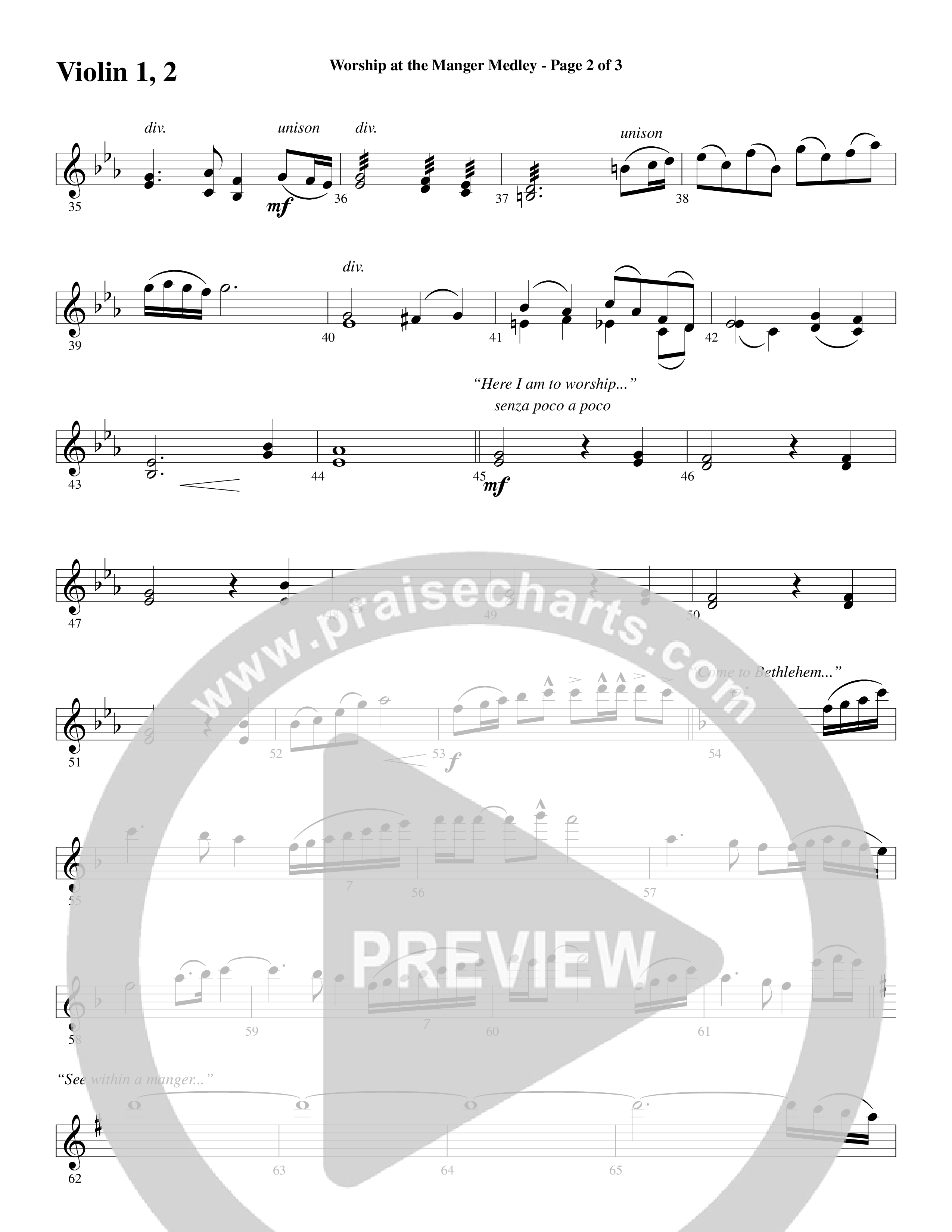 Worship At The Manger Medley (with Three Traditional Carols) (Choral Anthem SATB) Violin 1/2 (Word Music Choral / Arr. Marty Parks)