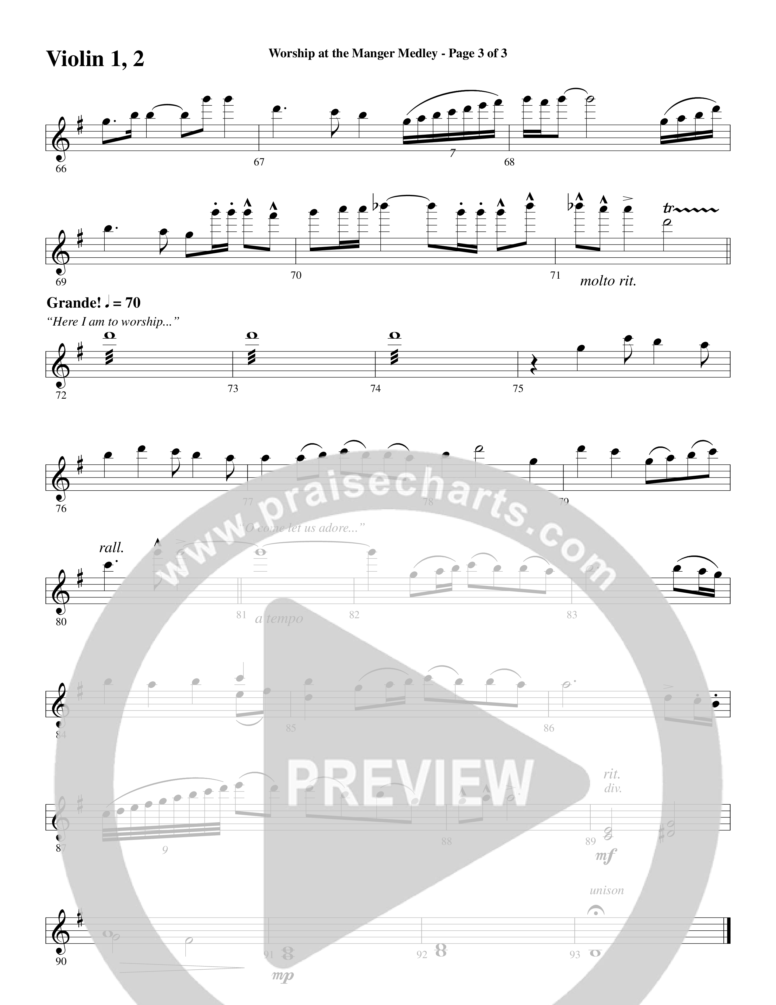 Worship At The Manger Medley (with Three Traditional Carols) (Choral Anthem SATB) Violin 1/2 (Word Music Choral / Arr. Marty Parks)