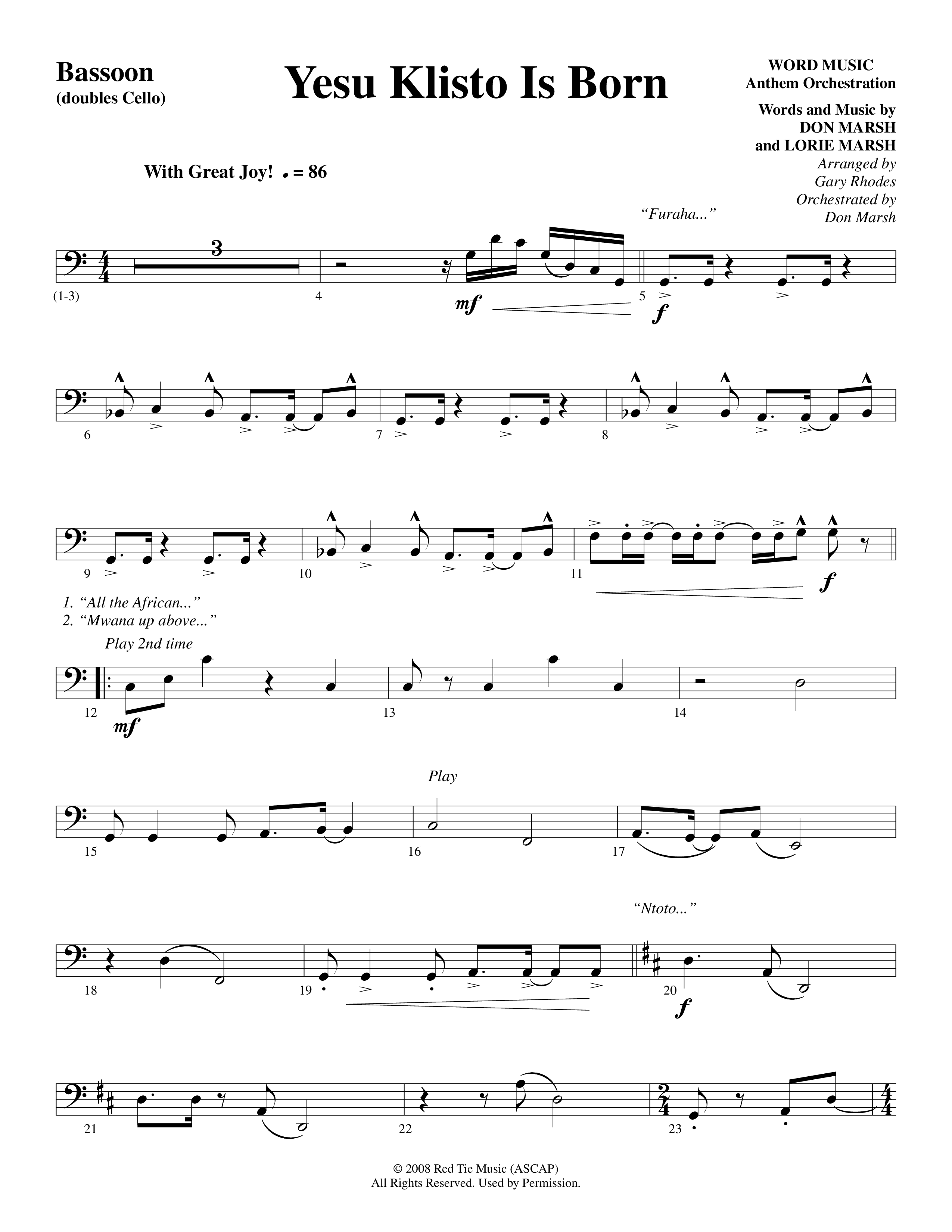 Yesu Klisto Is Born (Choral Anthem SATB) Bassoon (Word Music Choral / Arr. Gary Rhodes / Orch. Don Marsh)