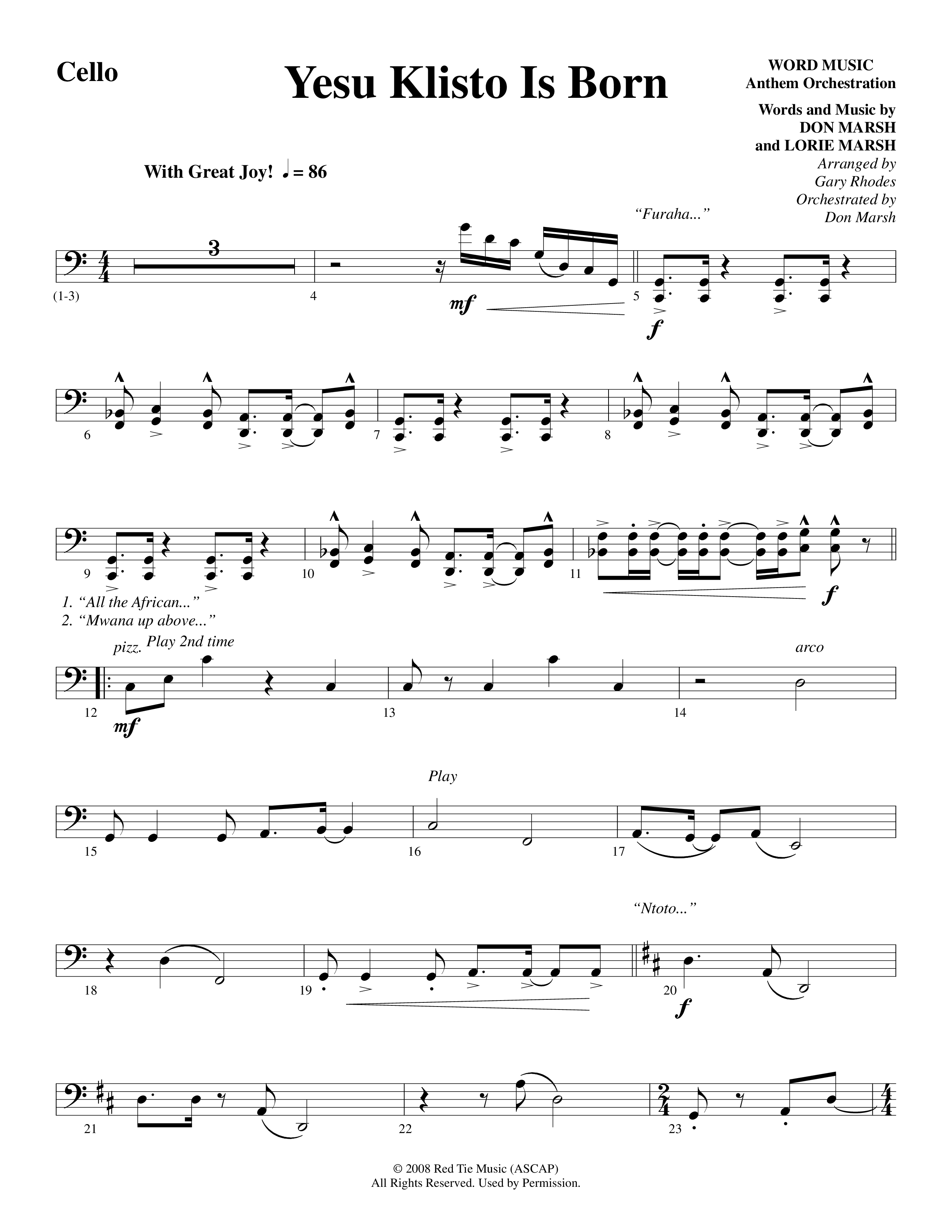 Yesu Klisto Is Born (Choral Anthem SATB) Cello (Word Music Choral / Arr. Gary Rhodes / Orch. Don Marsh)