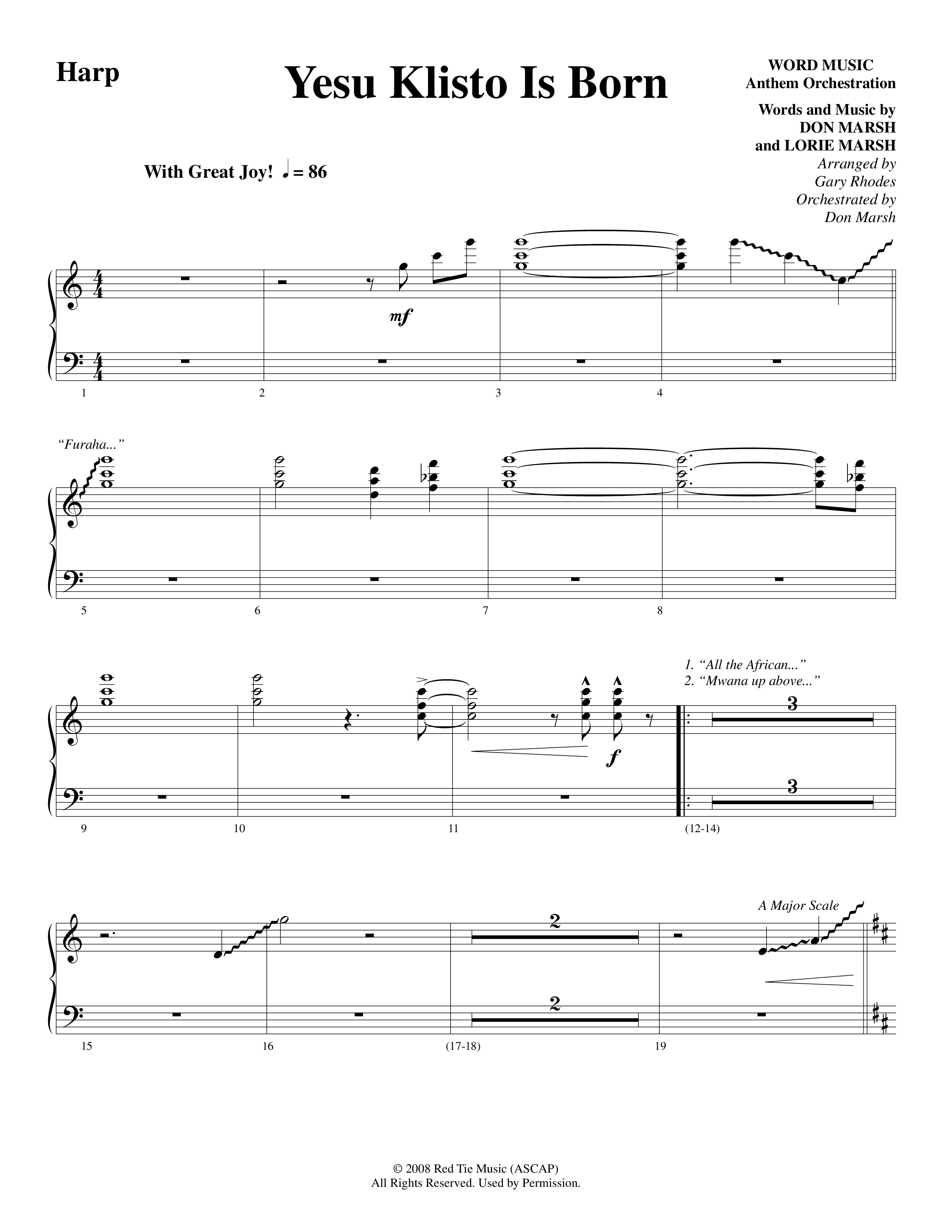 Yesu Klisto Is Born Harp (Word Music Choral / Arr. Gary Rhodes / Orch. Don Marsh)