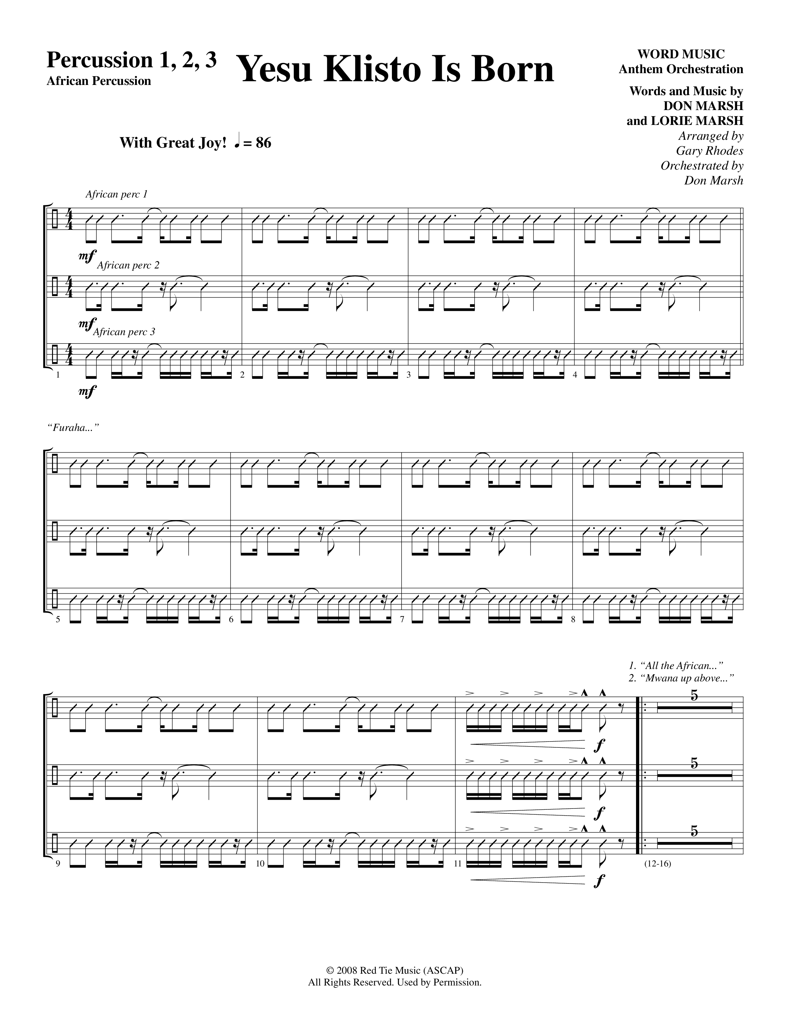 Yesu Klisto Is Born (Choral Anthem SATB) Percussion (Word Music Choral / Arr. Gary Rhodes / Orch. Don Marsh)