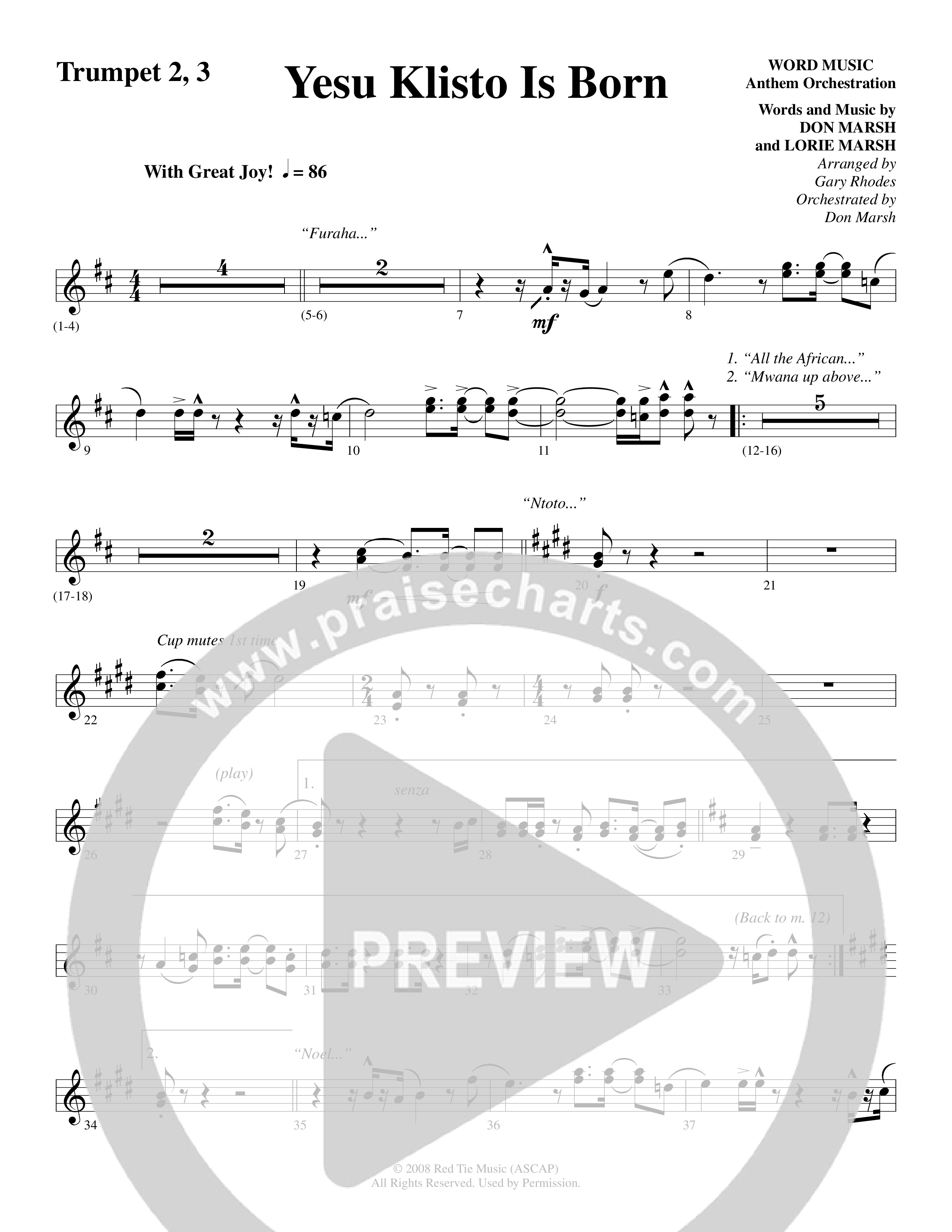 Yesu Klisto Is Born (Choral Anthem SATB) Trumpet 2/3 (Word Music Choral / Arr. Gary Rhodes / Orch. Don Marsh)
