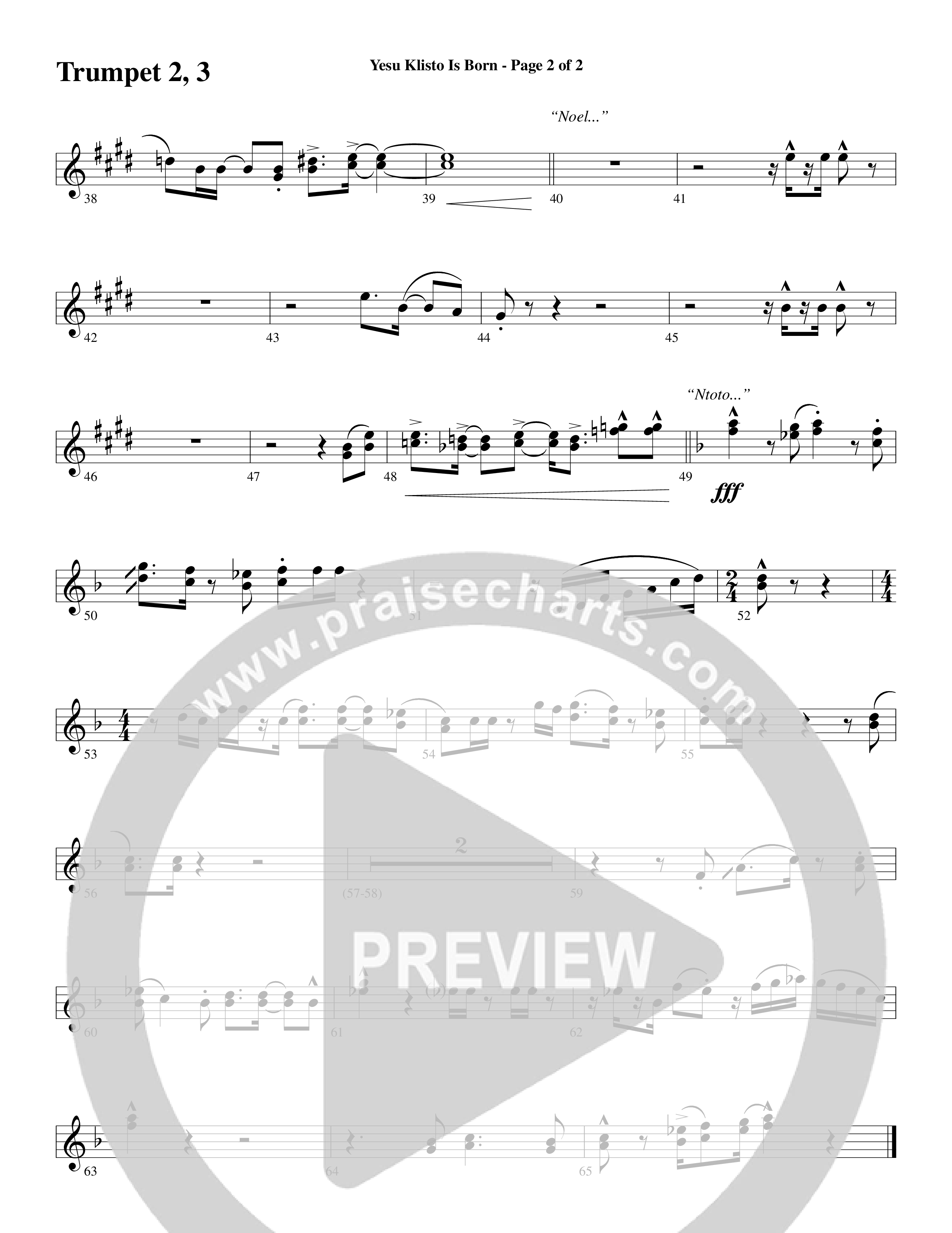 Yesu Klisto Is Born (Choral Anthem SATB) Trumpet 2/3 (Word Music Choral / Arr. Gary Rhodes / Orch. Don Marsh)