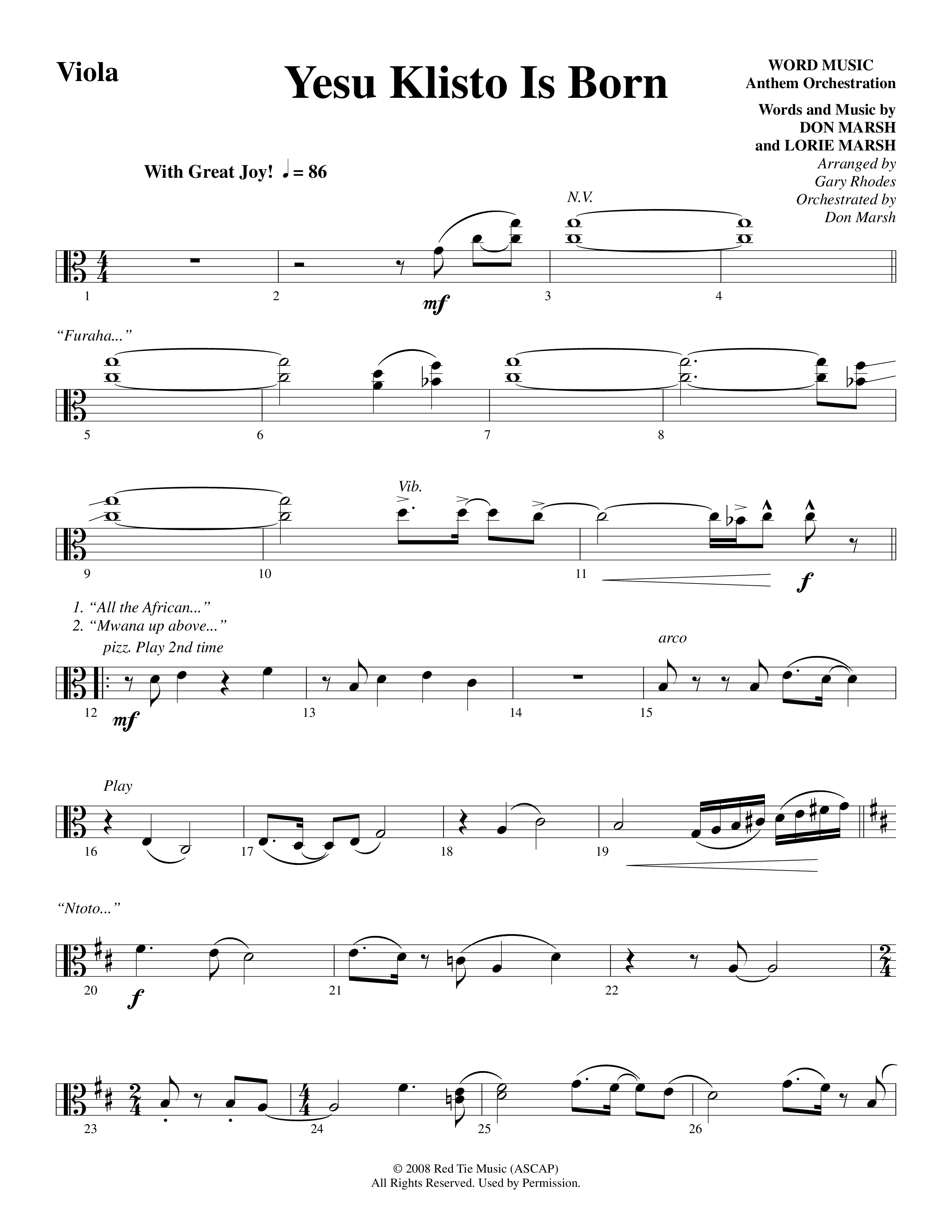 Yesu Klisto Is Born (Choral Anthem SATB) Viola (Word Music Choral / Arr. Gary Rhodes / Orch. Don Marsh)