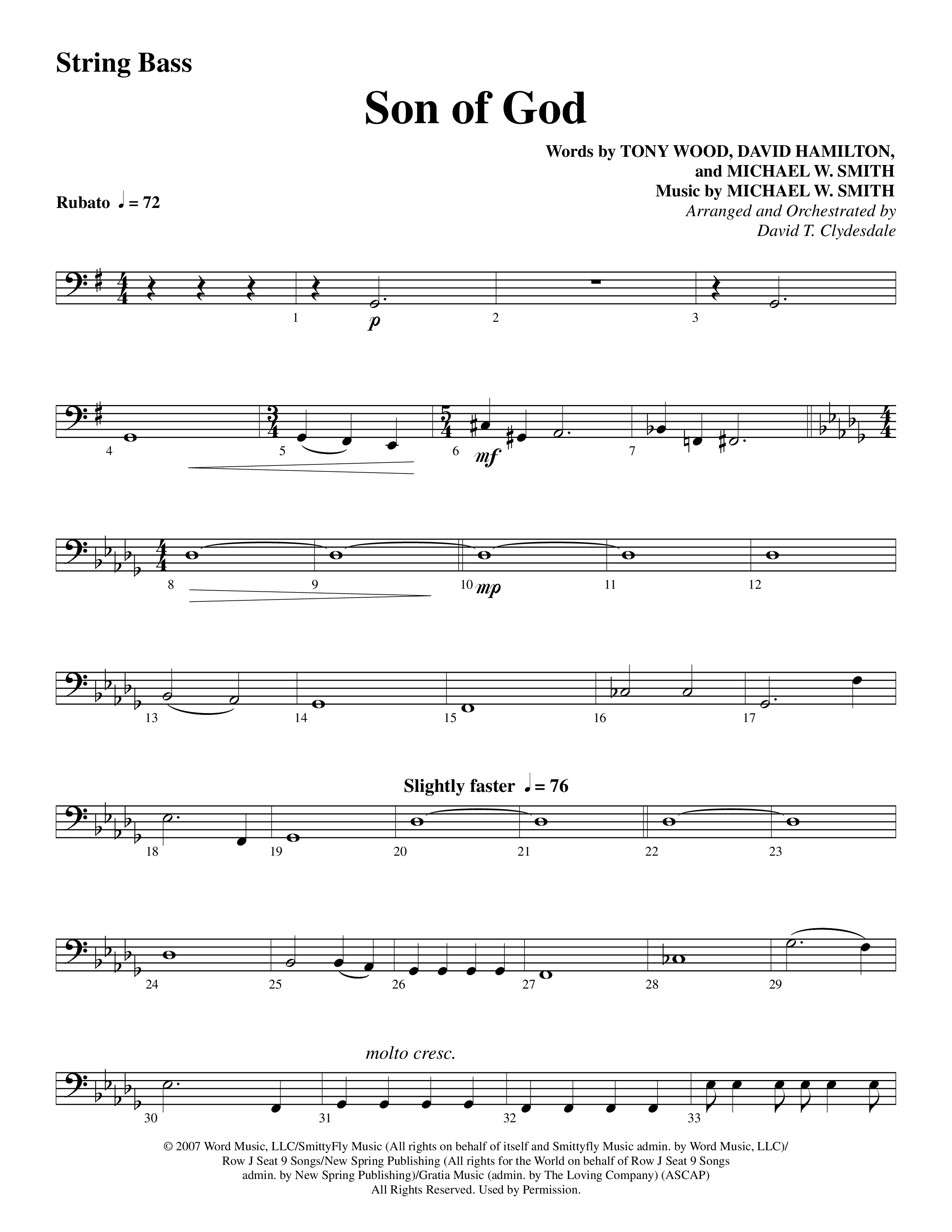 Son Of God (Choral Anthem SATB) String Bass (Word Music Choral / Arr. David Clydesdale)