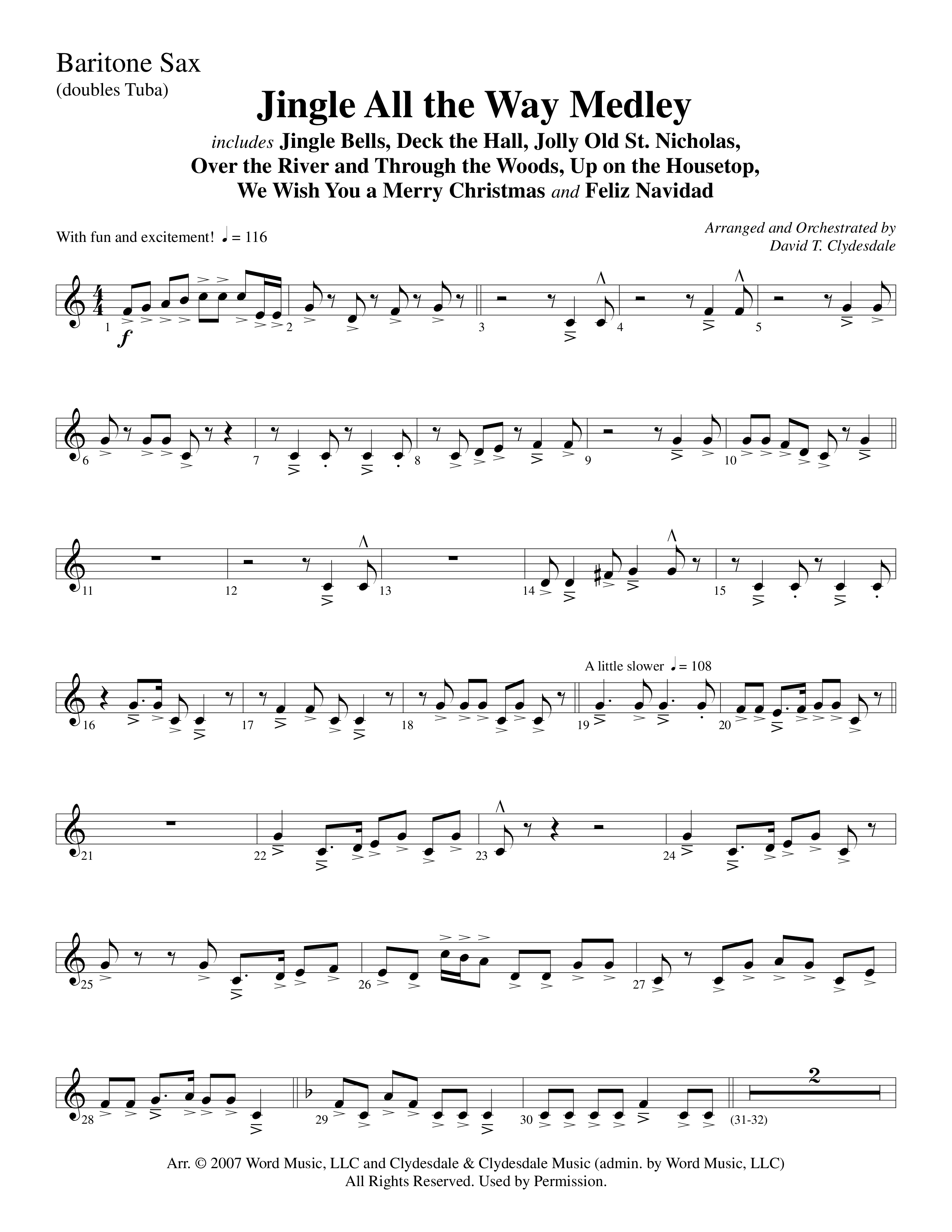 Jingle  All The Way Medley (Choral Anthem SATB) Bari Sax (Word Music Choral / Arr. David Clydesdale)
