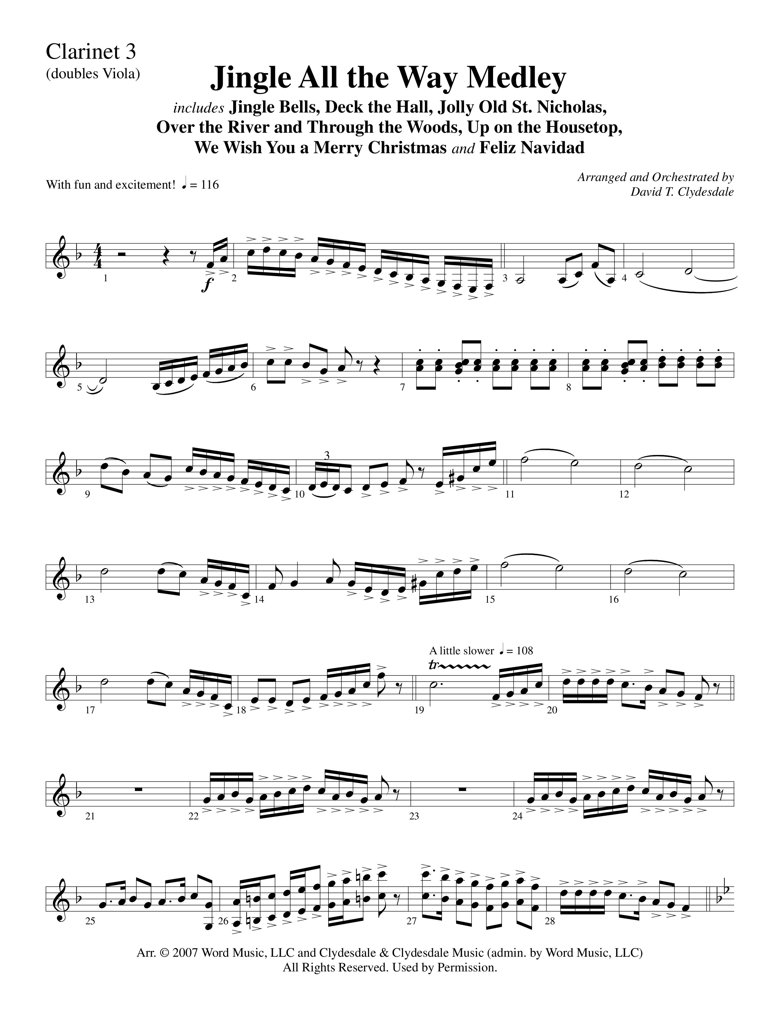 Jingle  All The Way Medley (Choral Anthem SATB) Clarinet 3 (Word Music Choral / Arr. David Clydesdale)