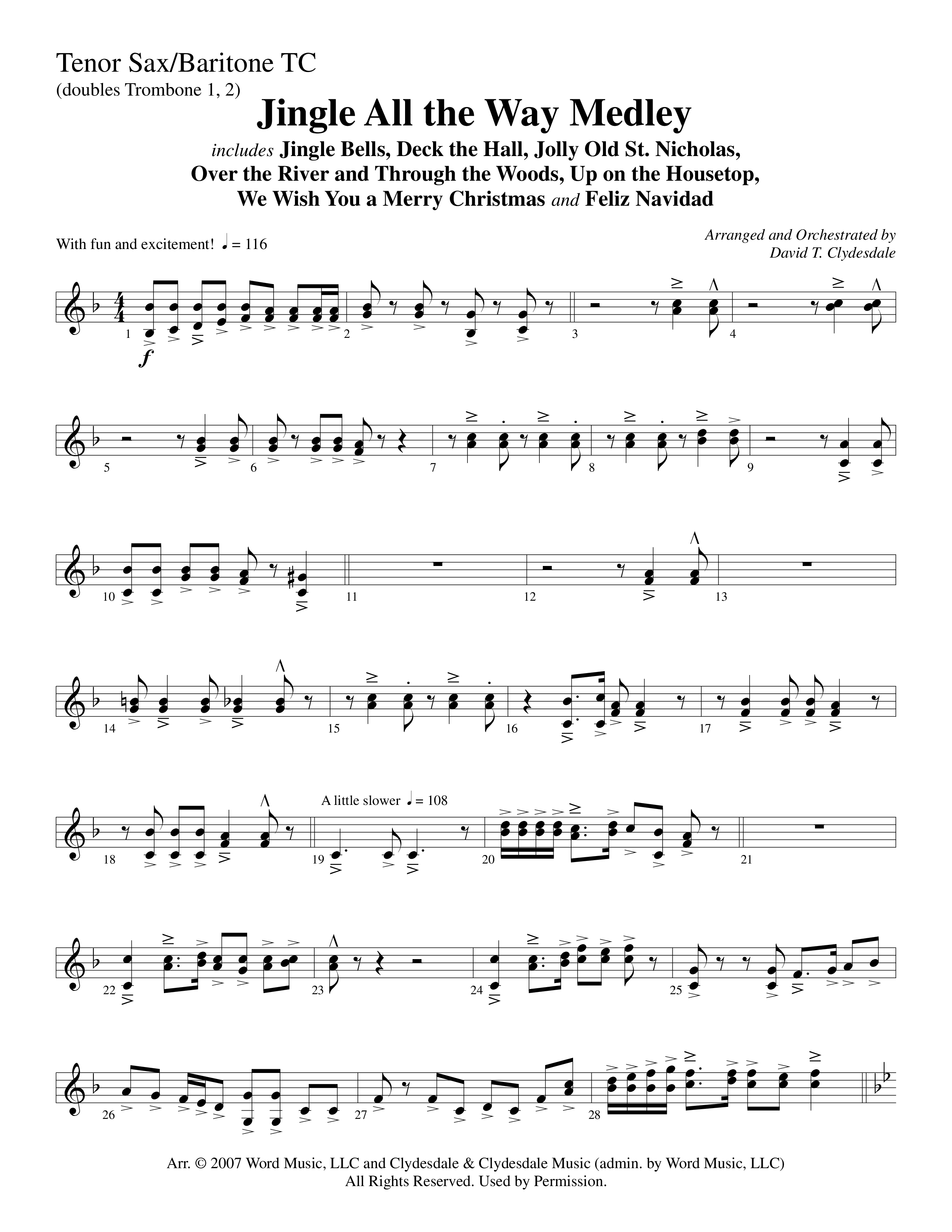 Jingle  All The Way Medley (Choral Anthem SATB) Tenor Sax/Baritone T.C. (Word Music Choral / Arr. David Clydesdale)