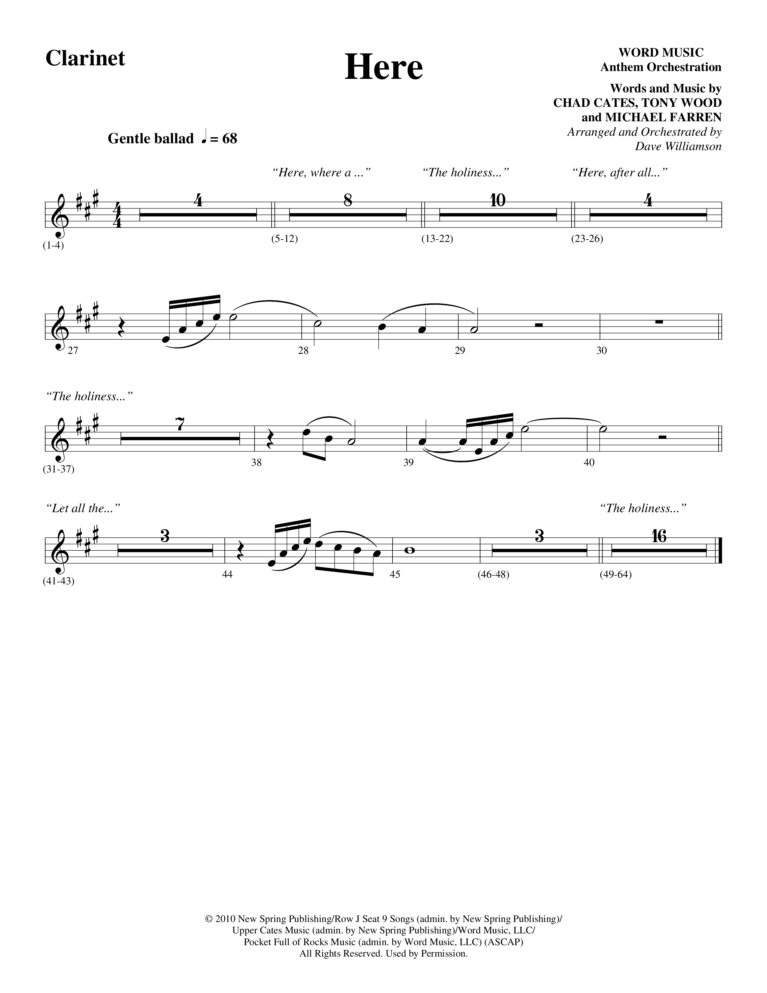 Here (Choral Anthem SATB) Clarinet 1/2 (Word Music Choral / Arr. Dave Williamson)