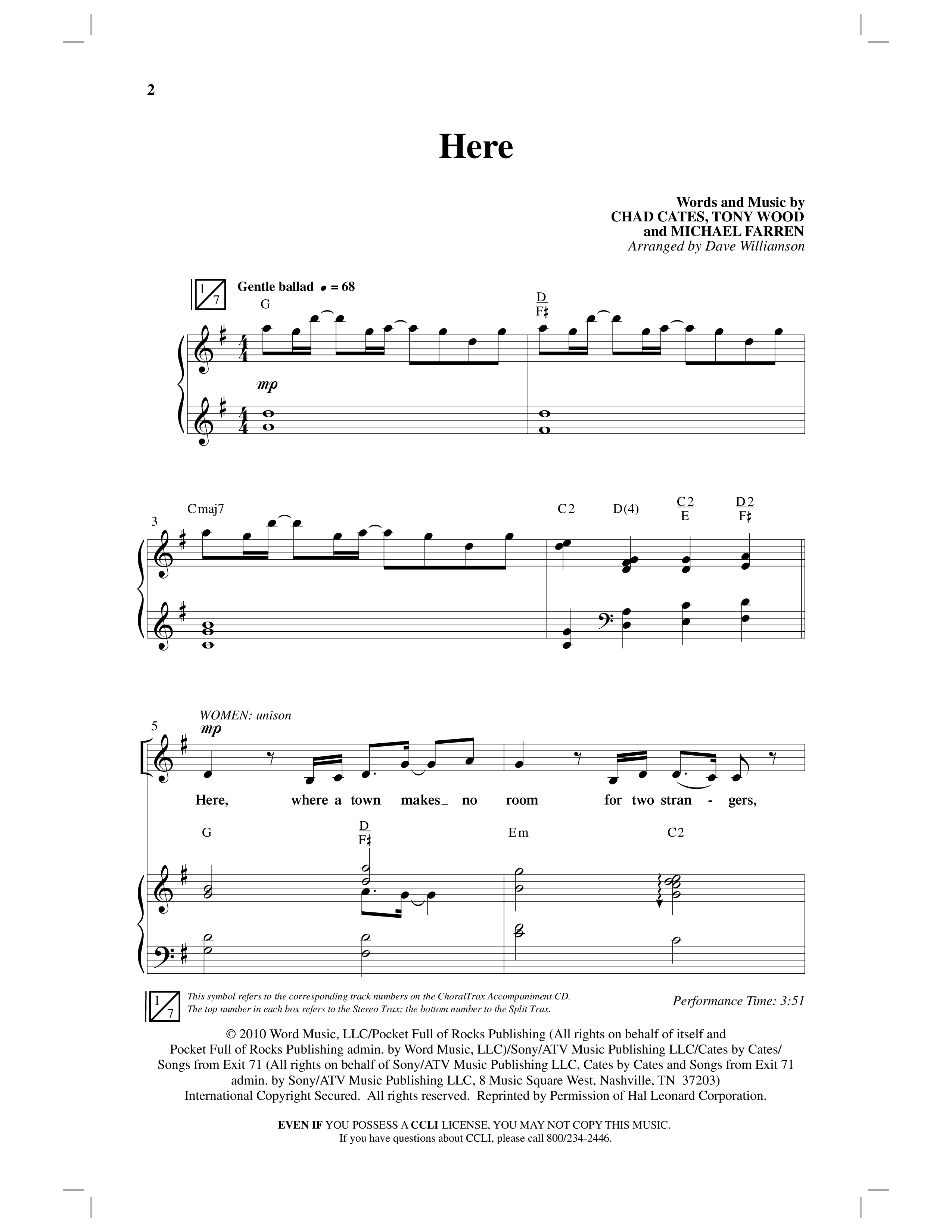 Here (Choral Anthem SATB) Anthem (SATB/Piano) (Word Music Choral / Arr. Dave Williamson)