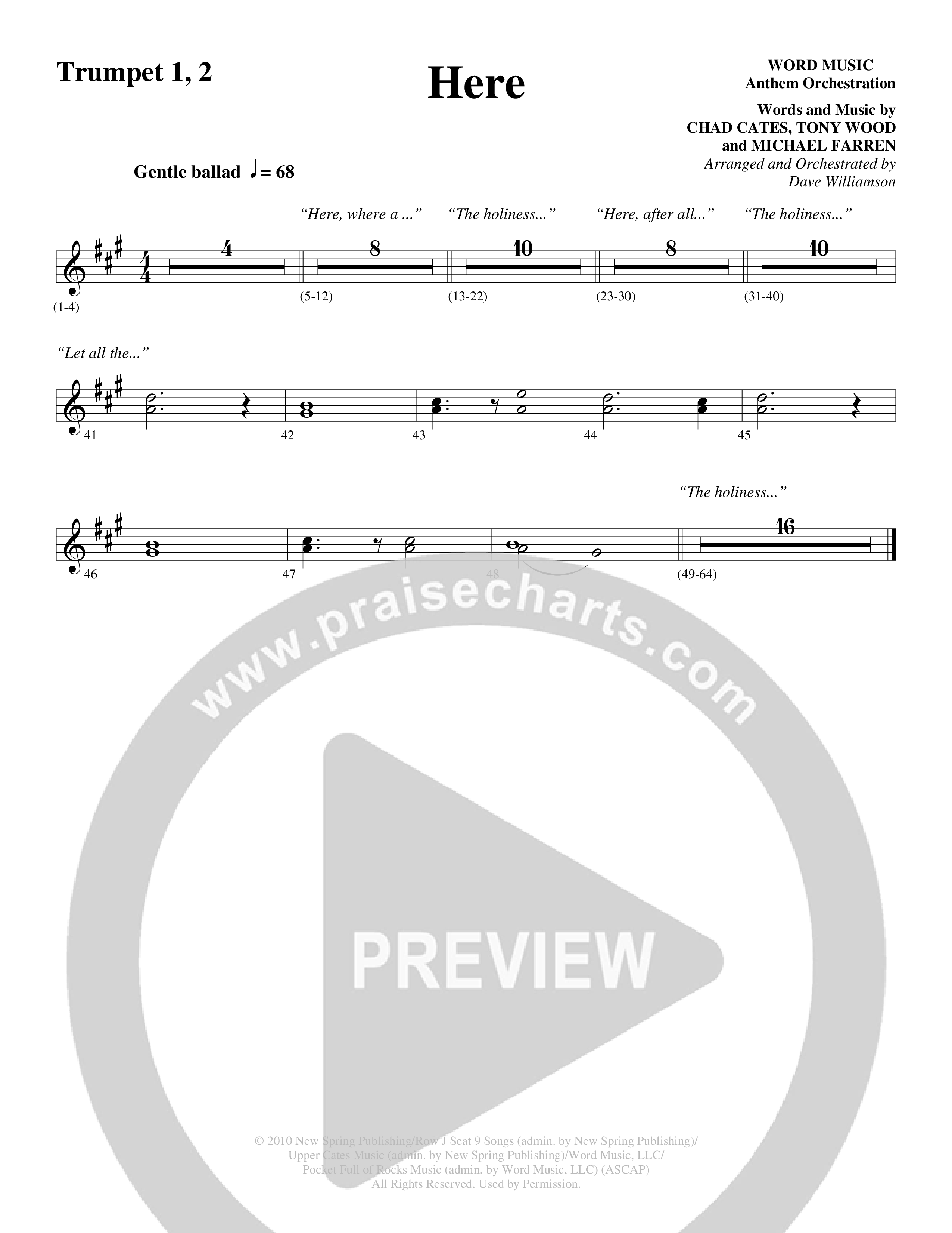 Here (Choral Anthem SATB) Trumpet 1,2 (Word Music Choral / Arr. Dave Williamson)