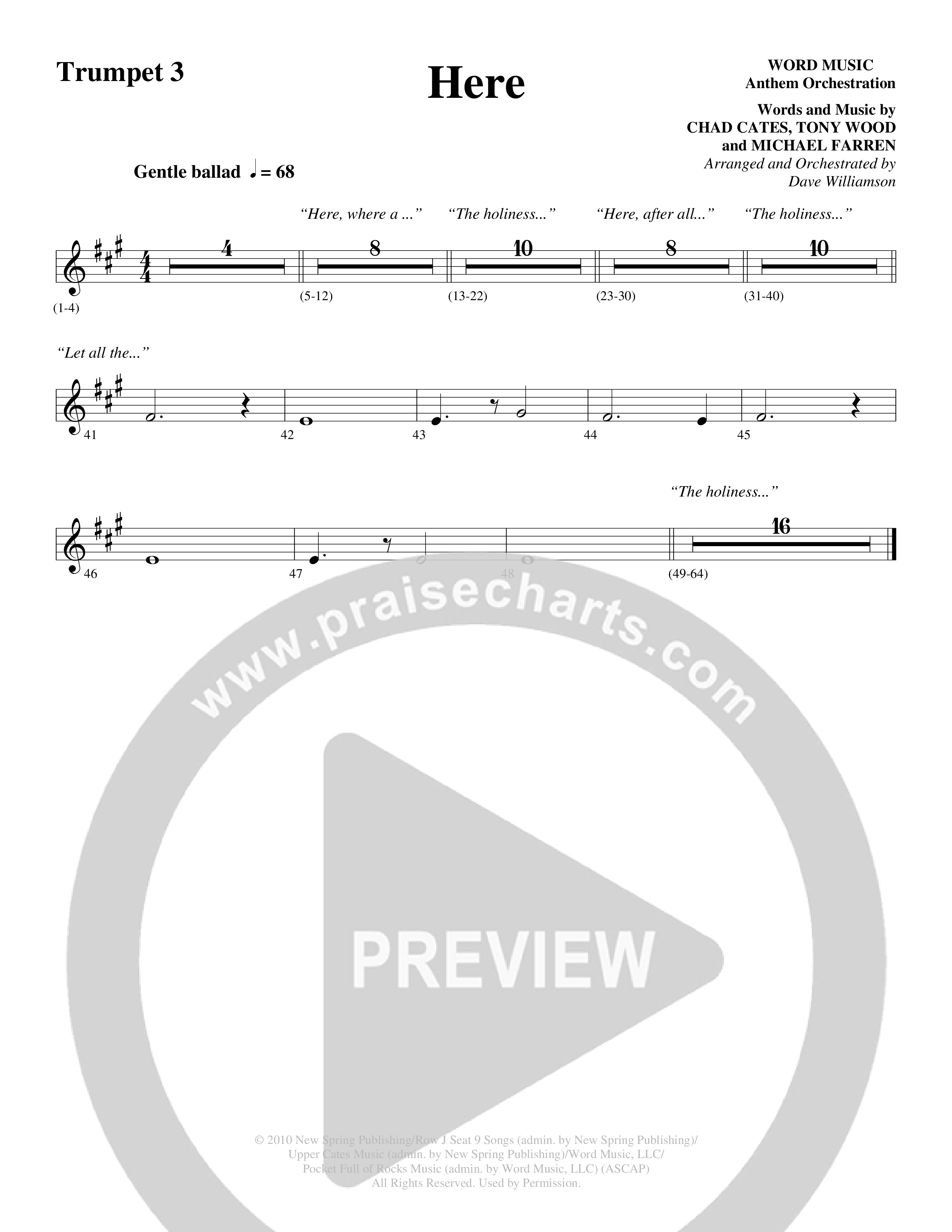 Here (Choral Anthem SATB) Trumpet 3 (Word Music Choral / Arr. Dave Williamson)
