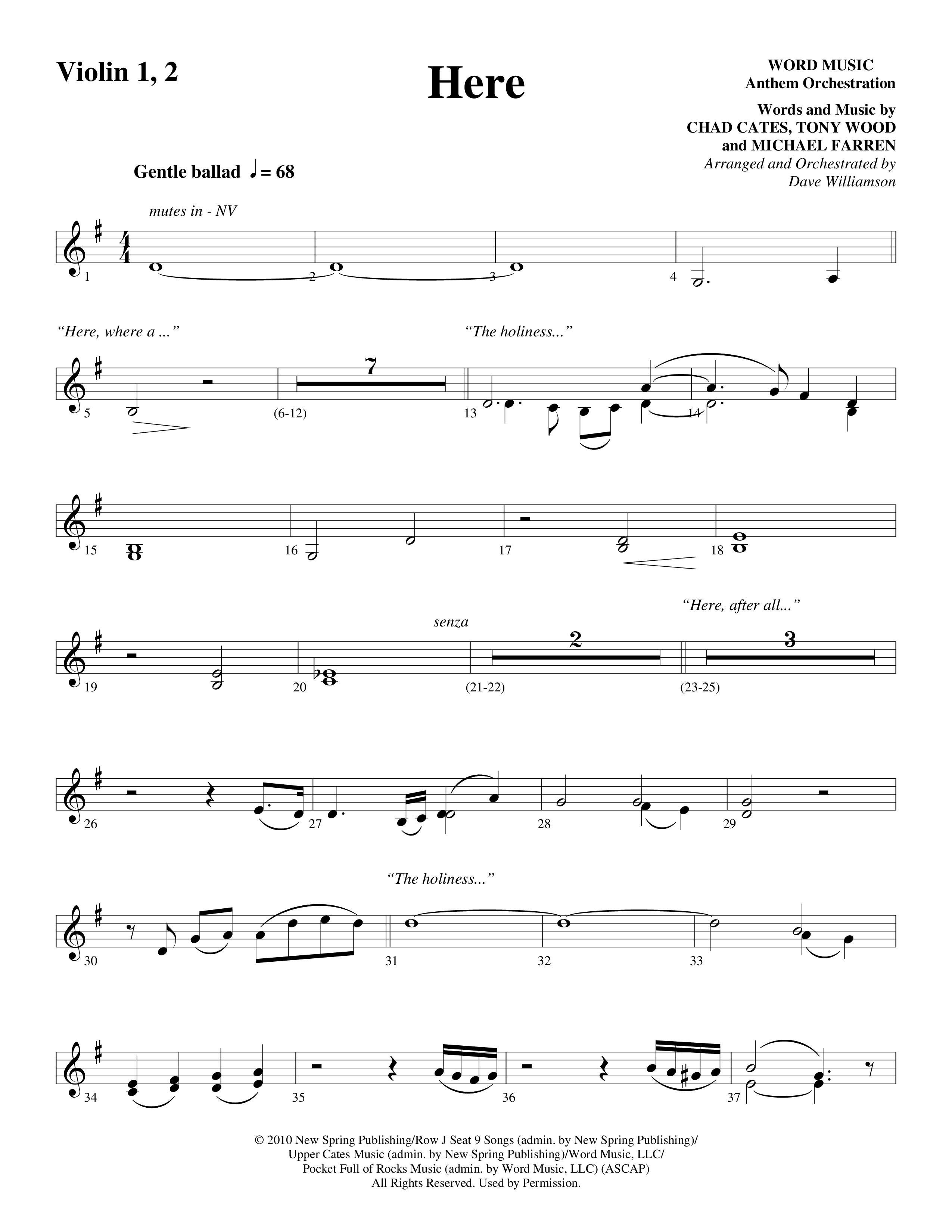 Here (Choral Anthem SATB) Violin 1/2 (Word Music Choral / Arr. Dave Williamson)