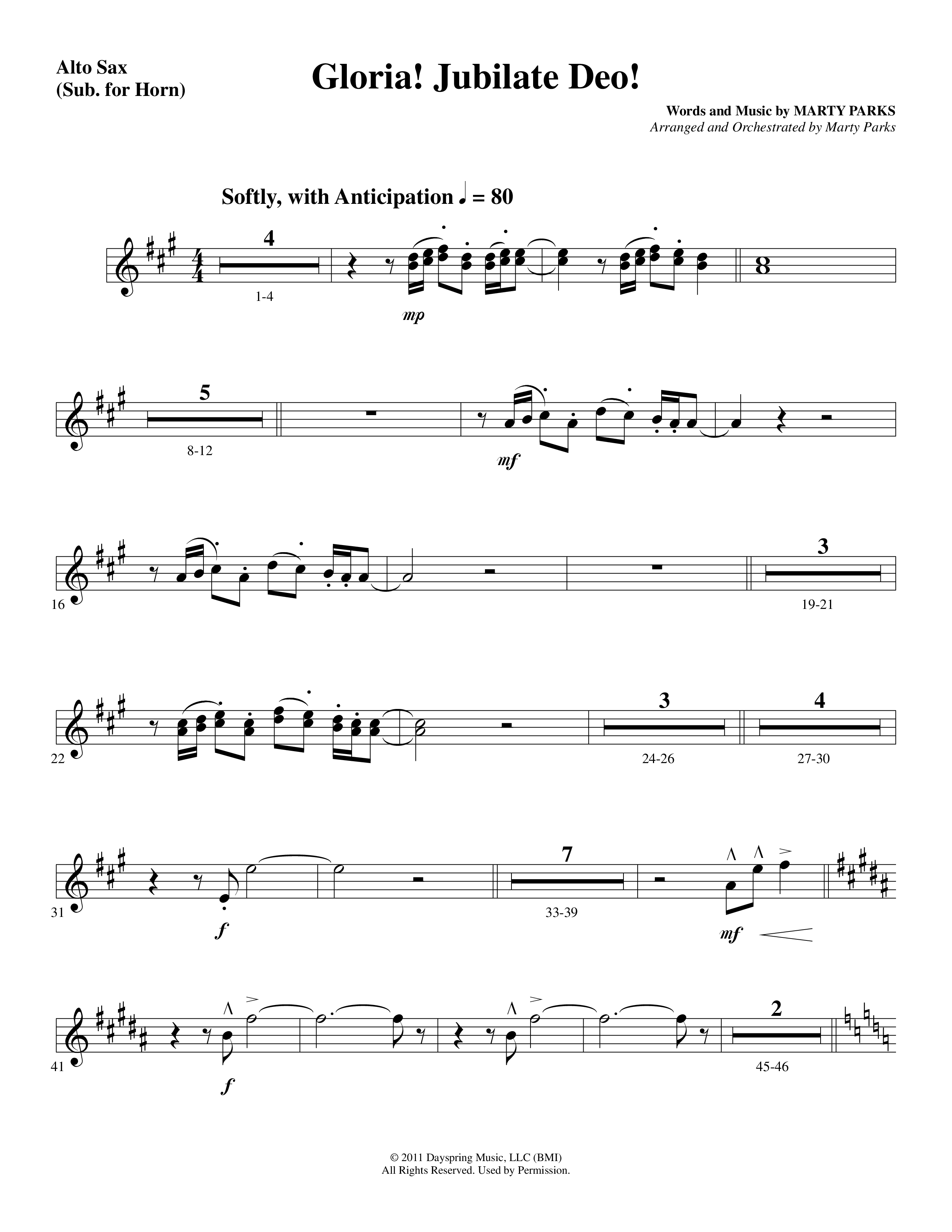 Gloria Jubilate Deo (Choral Anthem SATB) Alto Sax (Word Music Choral / Arr. Marty Parks)