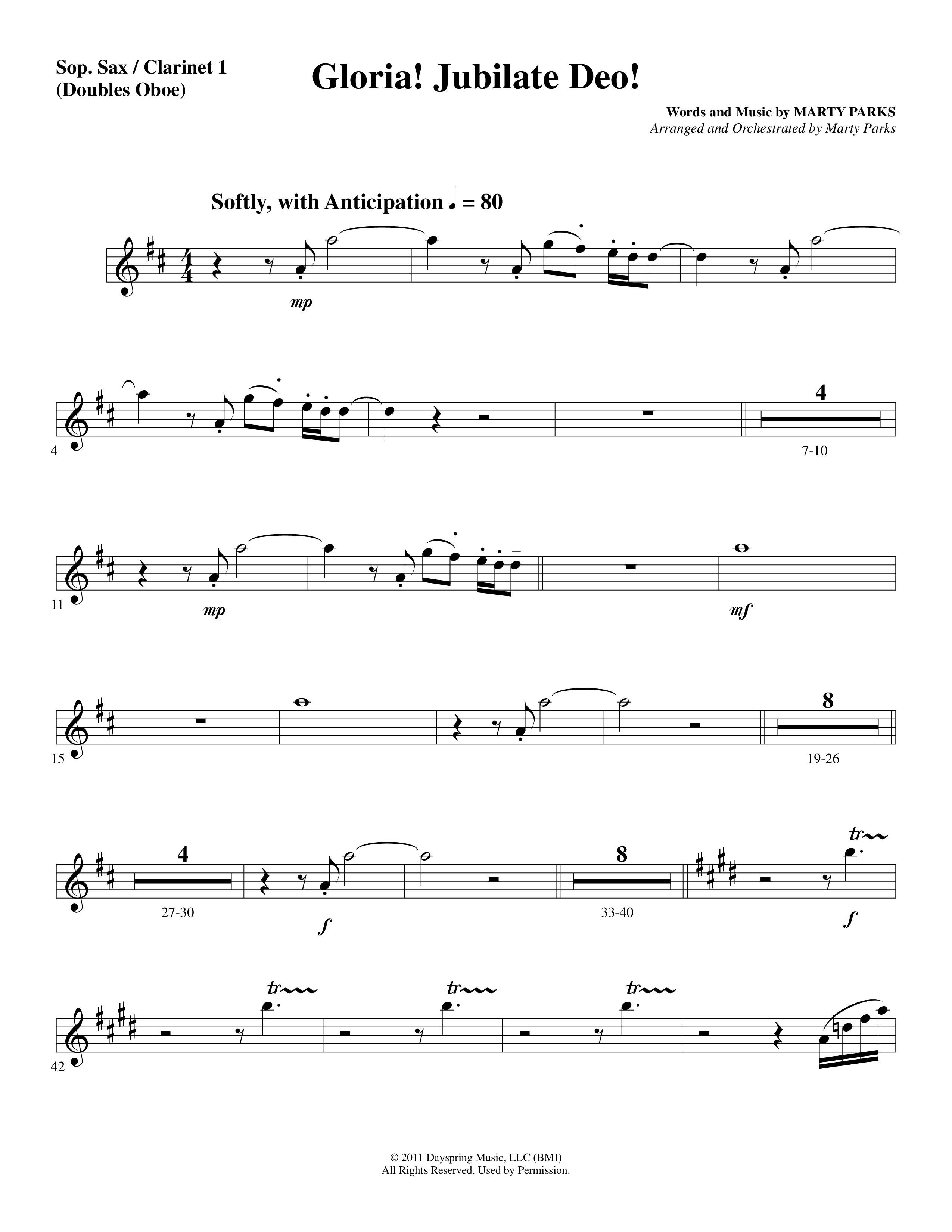 Gloria Jubilate Deo (Choral Anthem SATB) Clarinet 1/2 (Word Music Choral / Arr. Marty Parks)