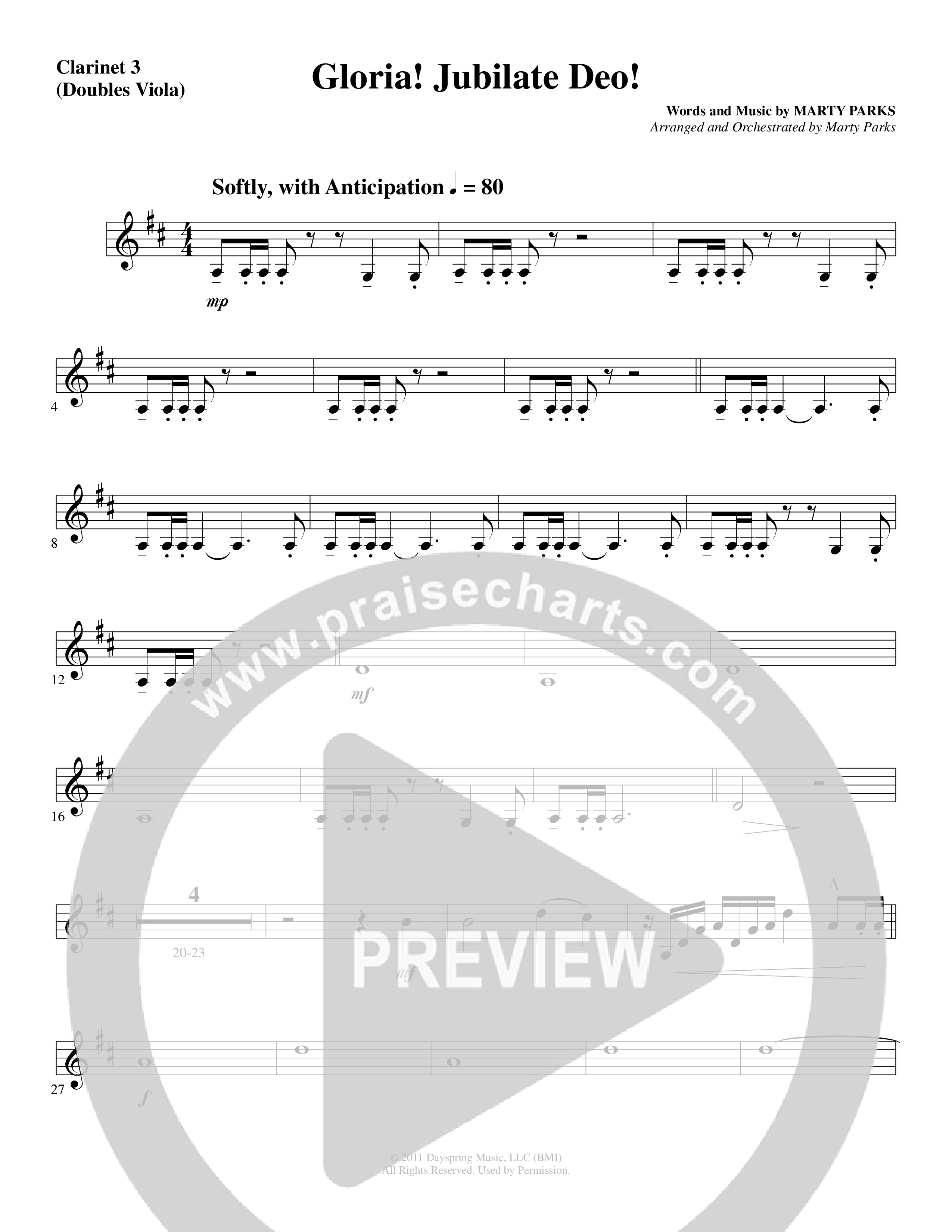 Gloria Jubilate Deo (Choral Anthem SATB) Clarinet 3 (Word Music Choral / Arr. Marty Parks)