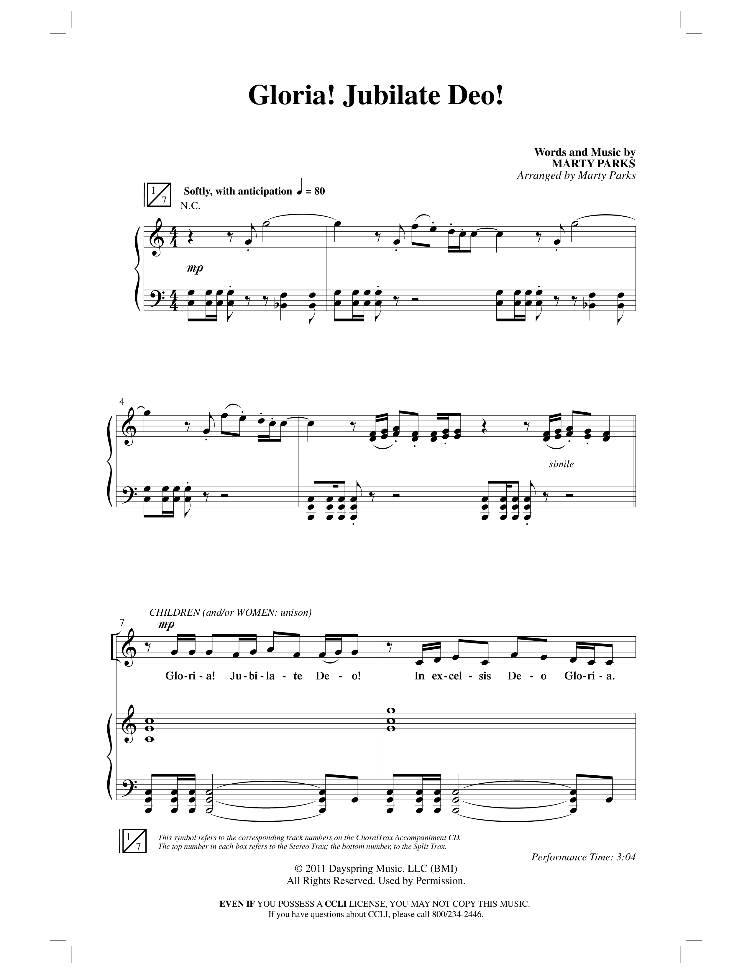Gloria Jubilate Deo (Choral Anthem SATB) Anthem (SATB/Piano) (Word Music Choral / Arr. Marty Parks)
