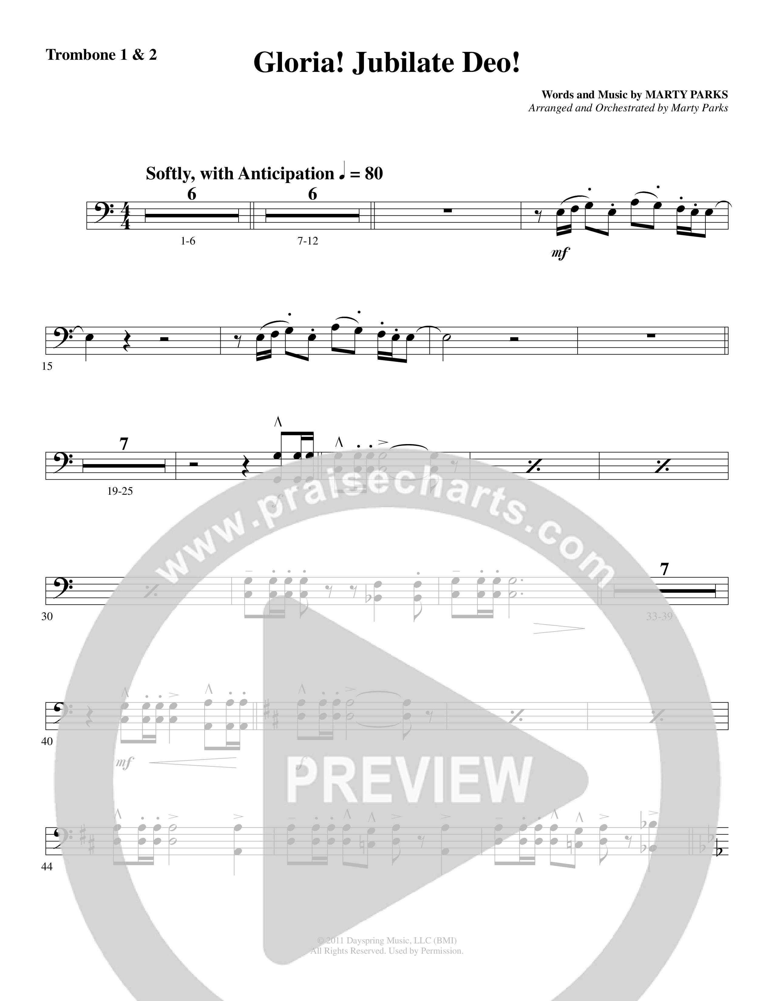 Gloria Jubilate Deo (Choral Anthem SATB) Trombone 1/2 (Word Music Choral / Arr. Marty Parks)