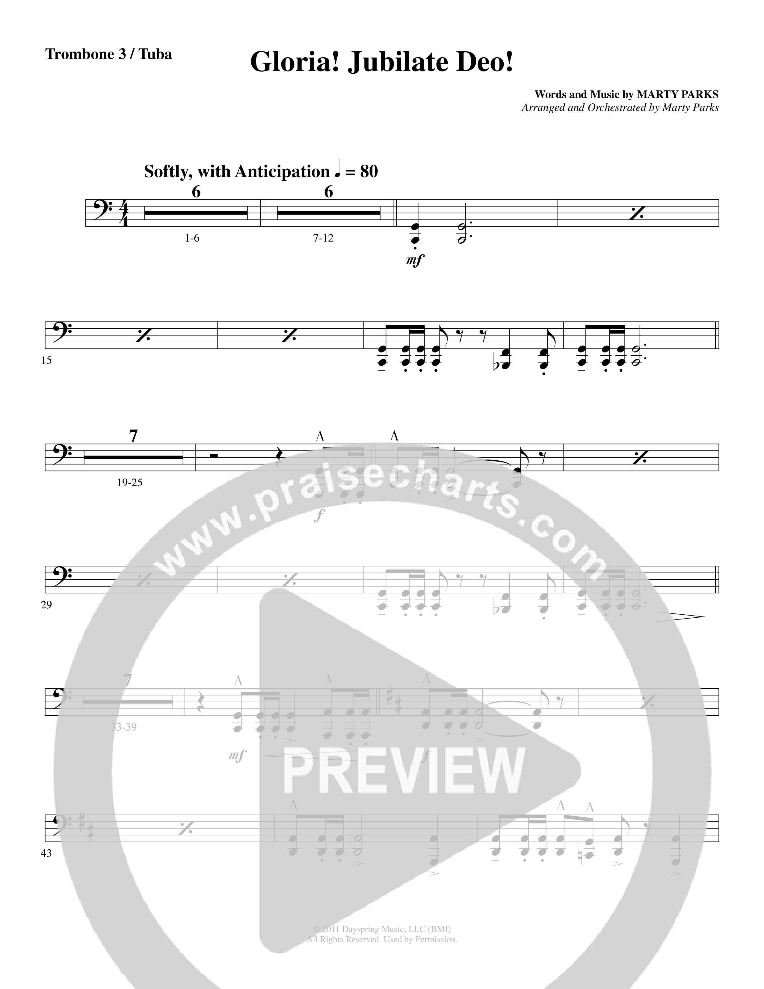 Gloria Jubilate Deo (Choral Anthem SATB) Trombone 3/Tuba (Word Music Choral / Arr. Marty Parks)