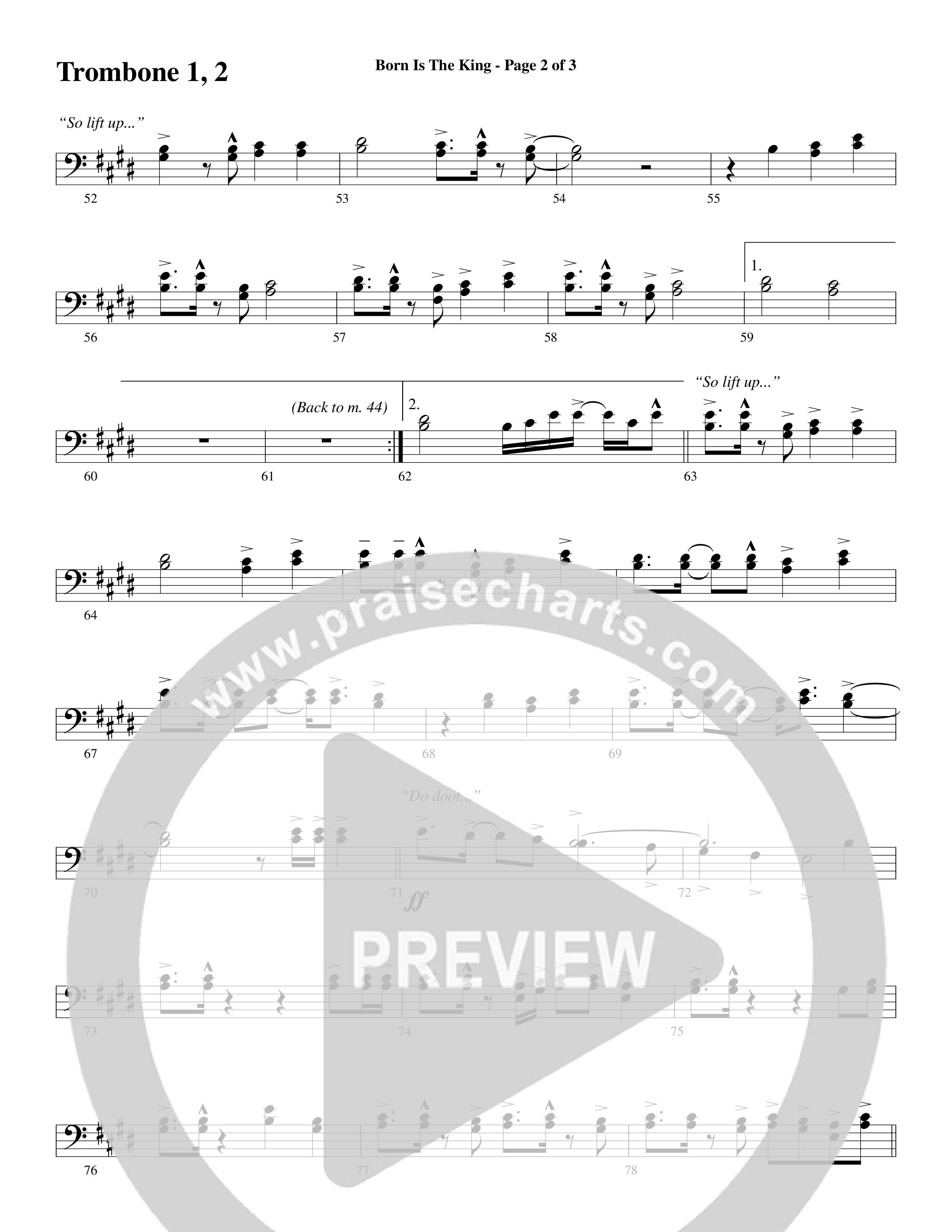 Born Is The King (It's Christmas) (Choral Anthem SATB) Trombone 1/2 (Word Music Choral / Arr. Gary Rhodes / Orch. Tim Cates)