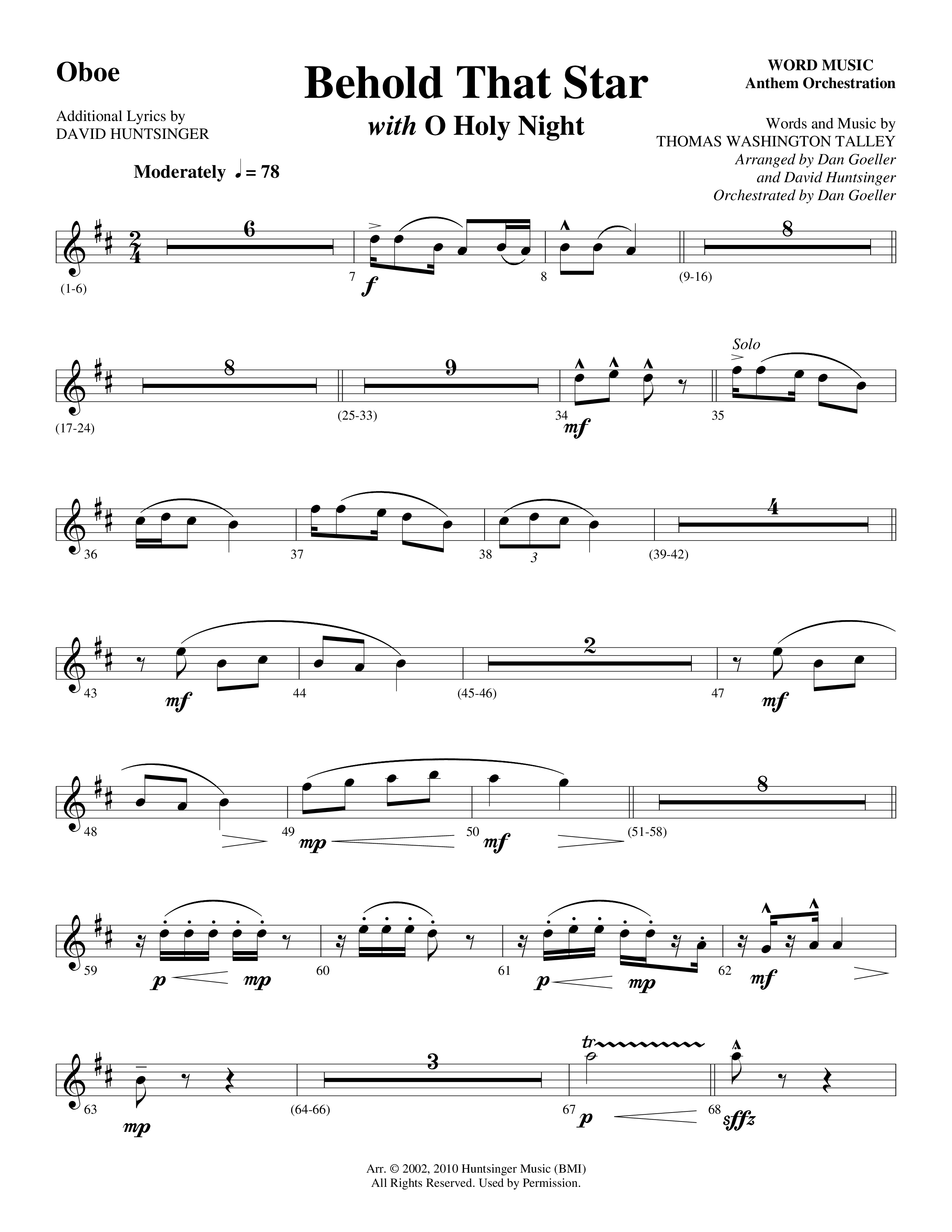 Behold That Star (with O Holy Night) (Choral Anthem SATB) Oboe (Word Music Choral / Arr. Dan Goeller / Arr. David Huntsinger)