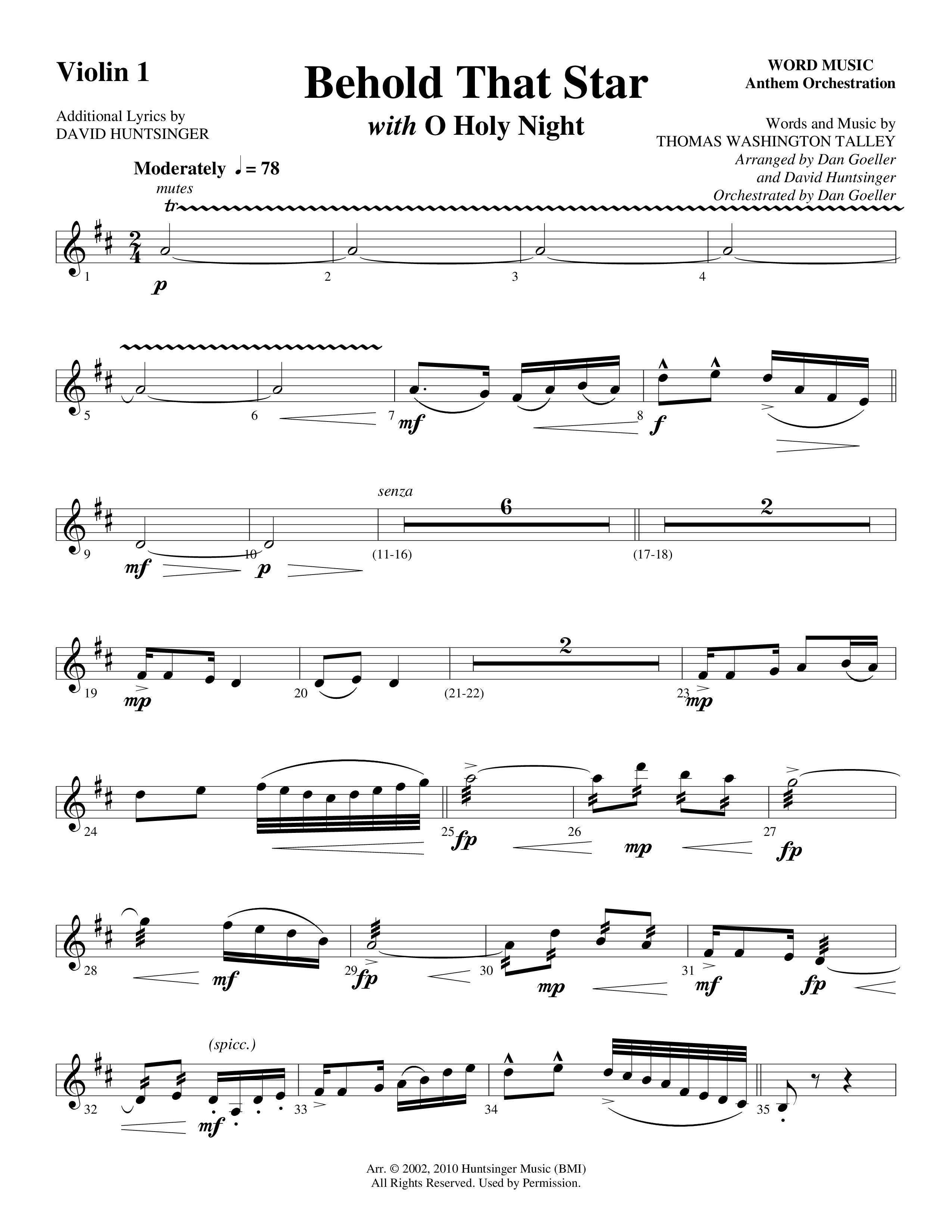 Behold That Star (with O Holy Night) (Choral Anthem SATB) Violin 1 (Word Music Choral / Arr. Dan Goeller / Arr. David Huntsinger)