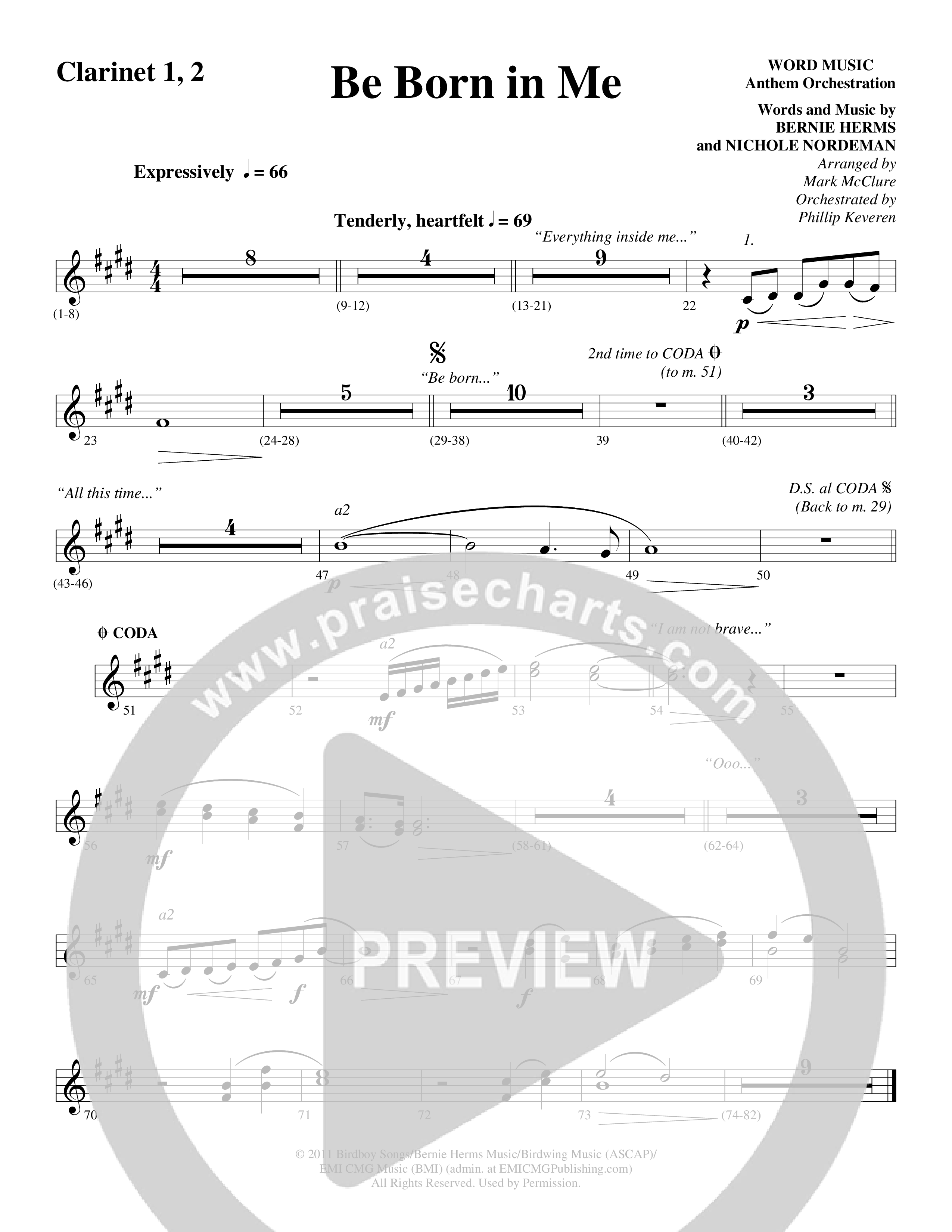 Be Born In Me Clarinet 1/2 (Word Music Choral / Arr. Mark McClure / Orch. Phillip Keveren)