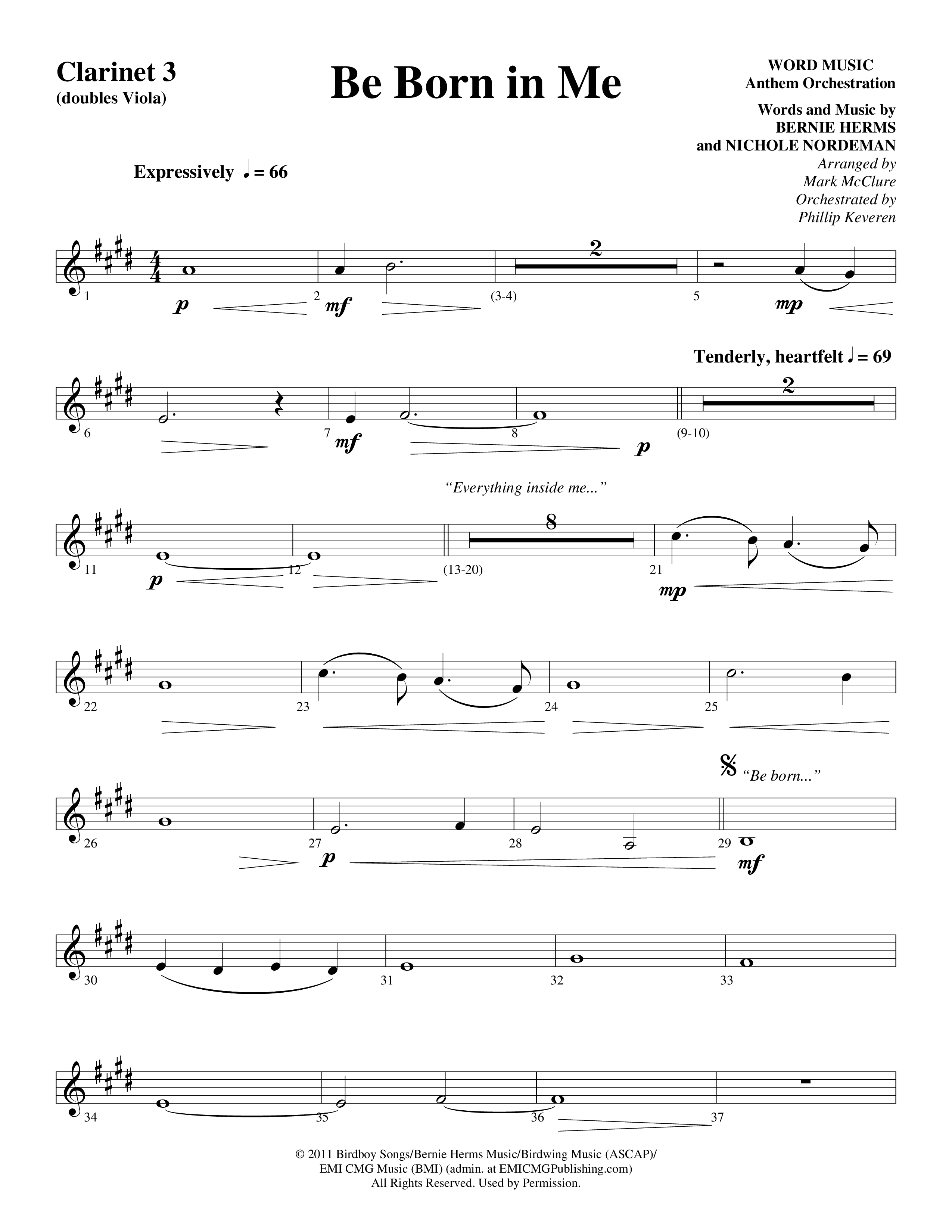 Be Born In Me Clarinet 3 (Word Music Choral / Arr. Mark McClure / Orch. Phillip Keveren)