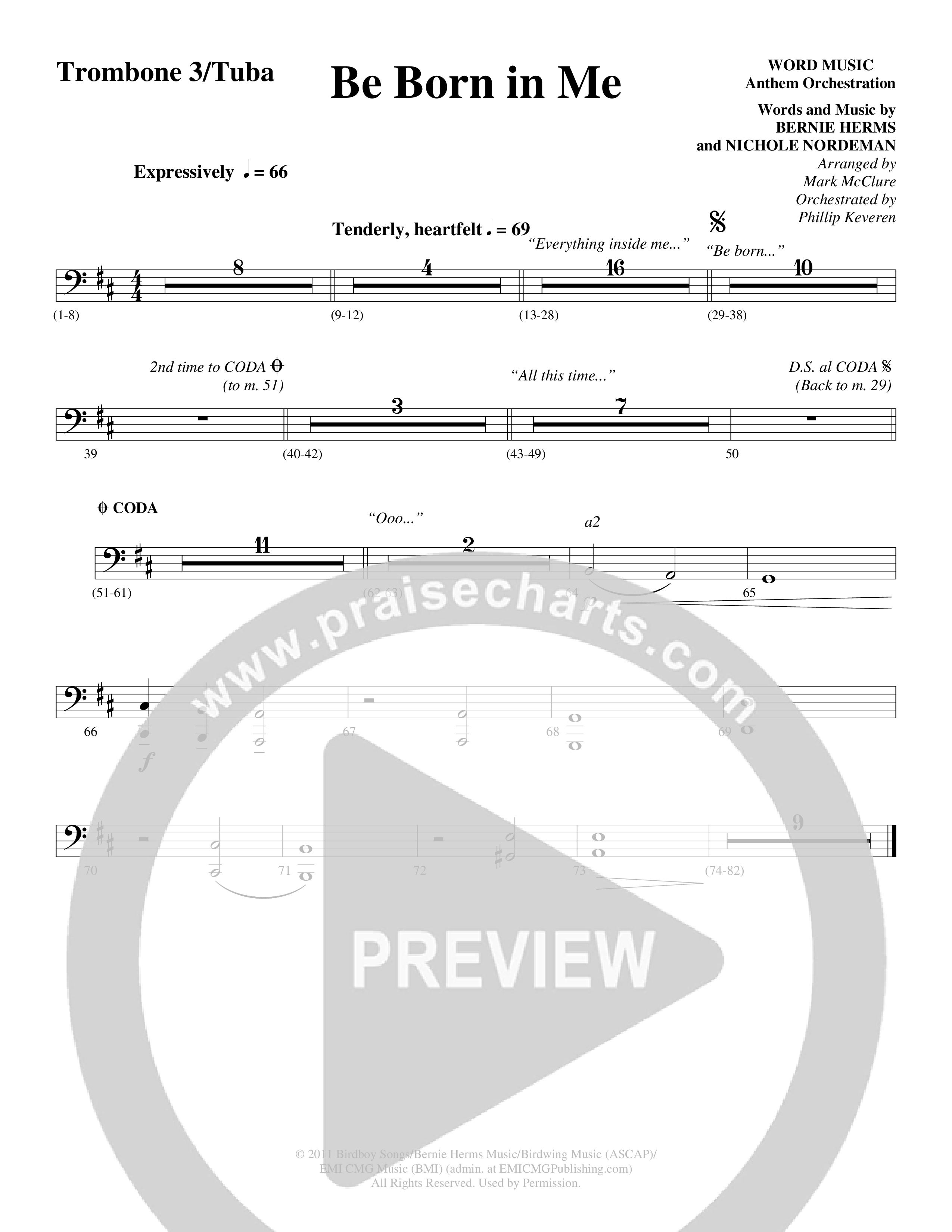 Be Born In Me Trombone 3/Tuba (Word Music Choral / Arr. Mark McClure / Orch. Phillip Keveren)