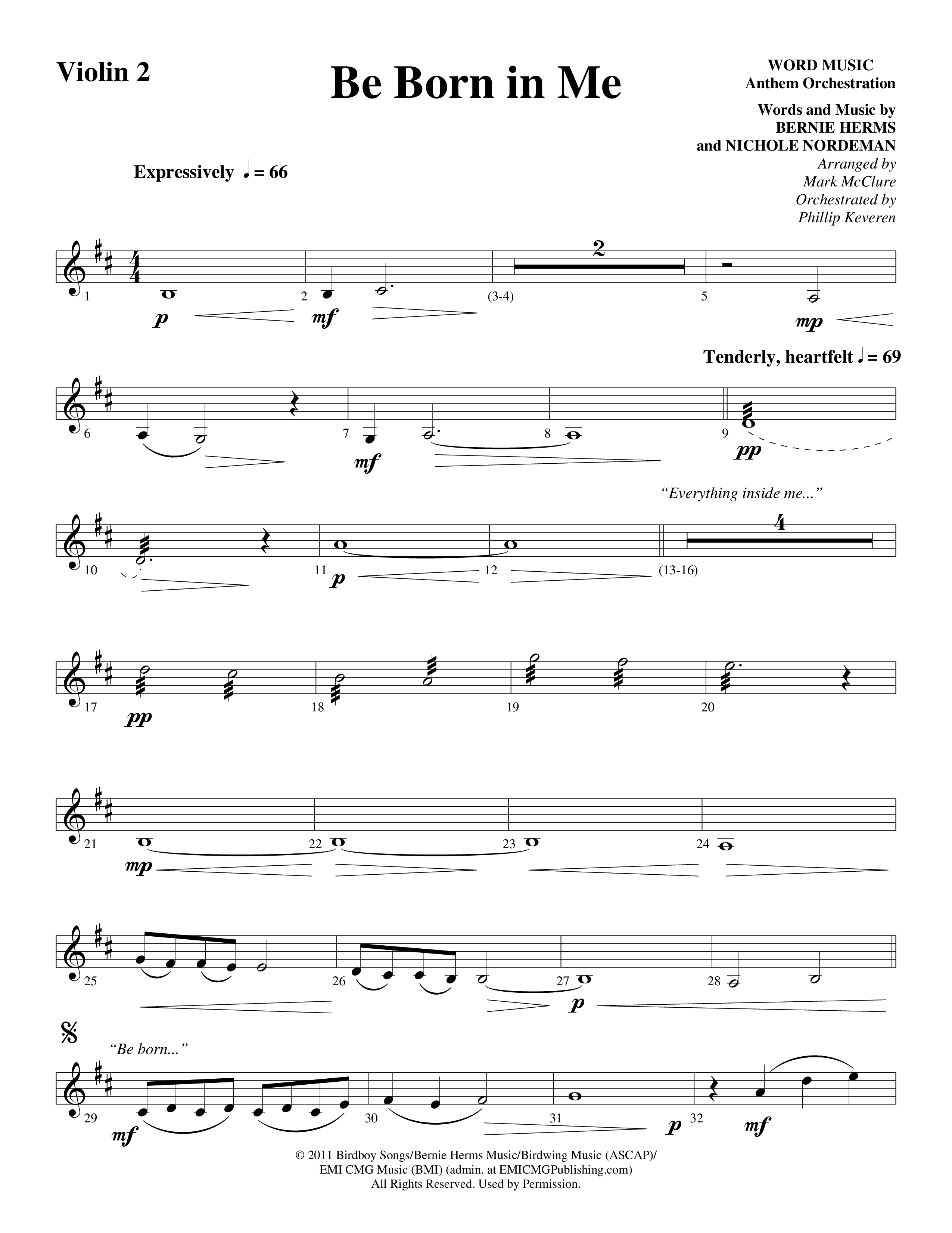 Be Born In Me (Choral Anthem SATB) Violin 2 (Word Music Choral / Arr. Mark McClure / Orch. Phillip Keveren)