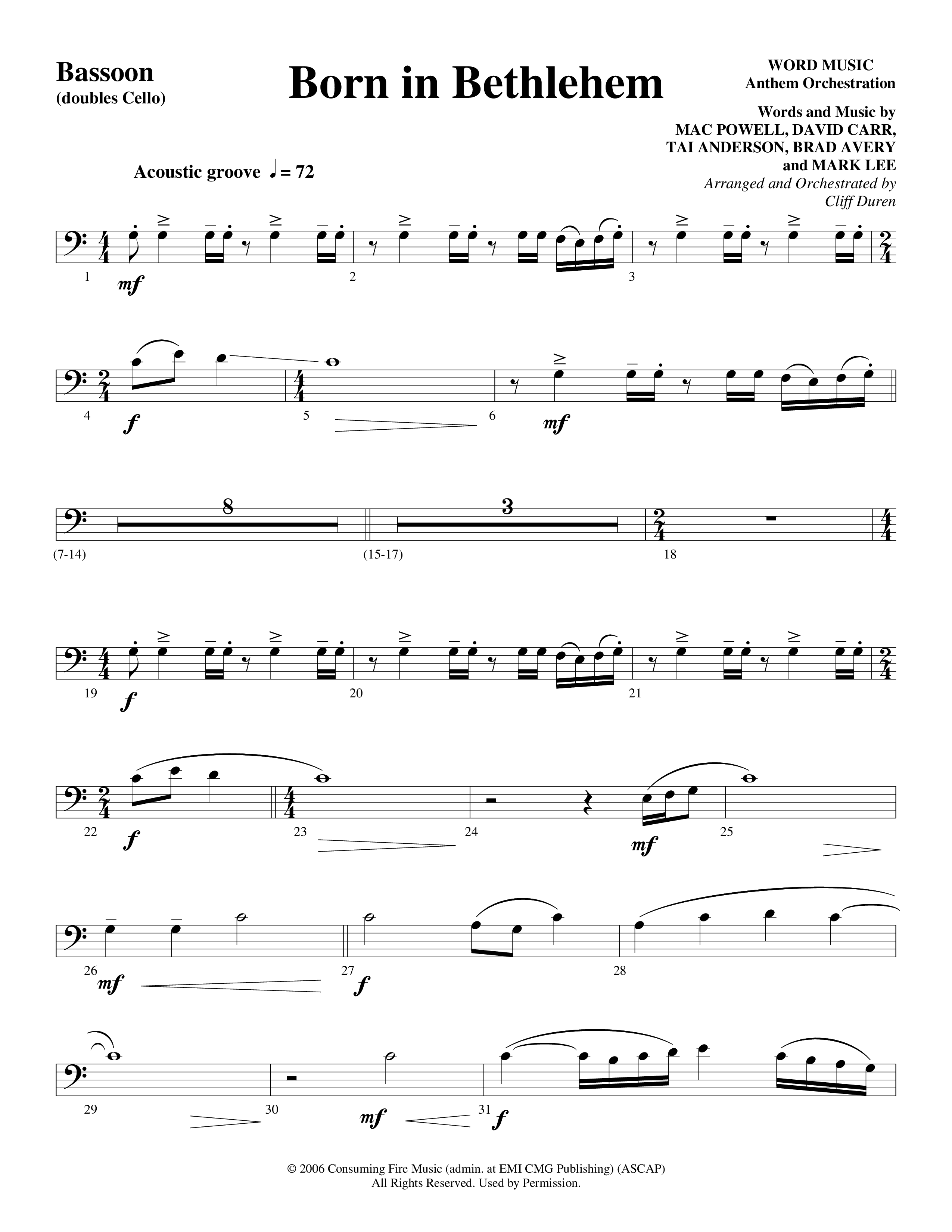 Born In Bethlehem (Choral Anthem SATB) Bassoon (Word Music Choral / Arr. Cliff Duren)