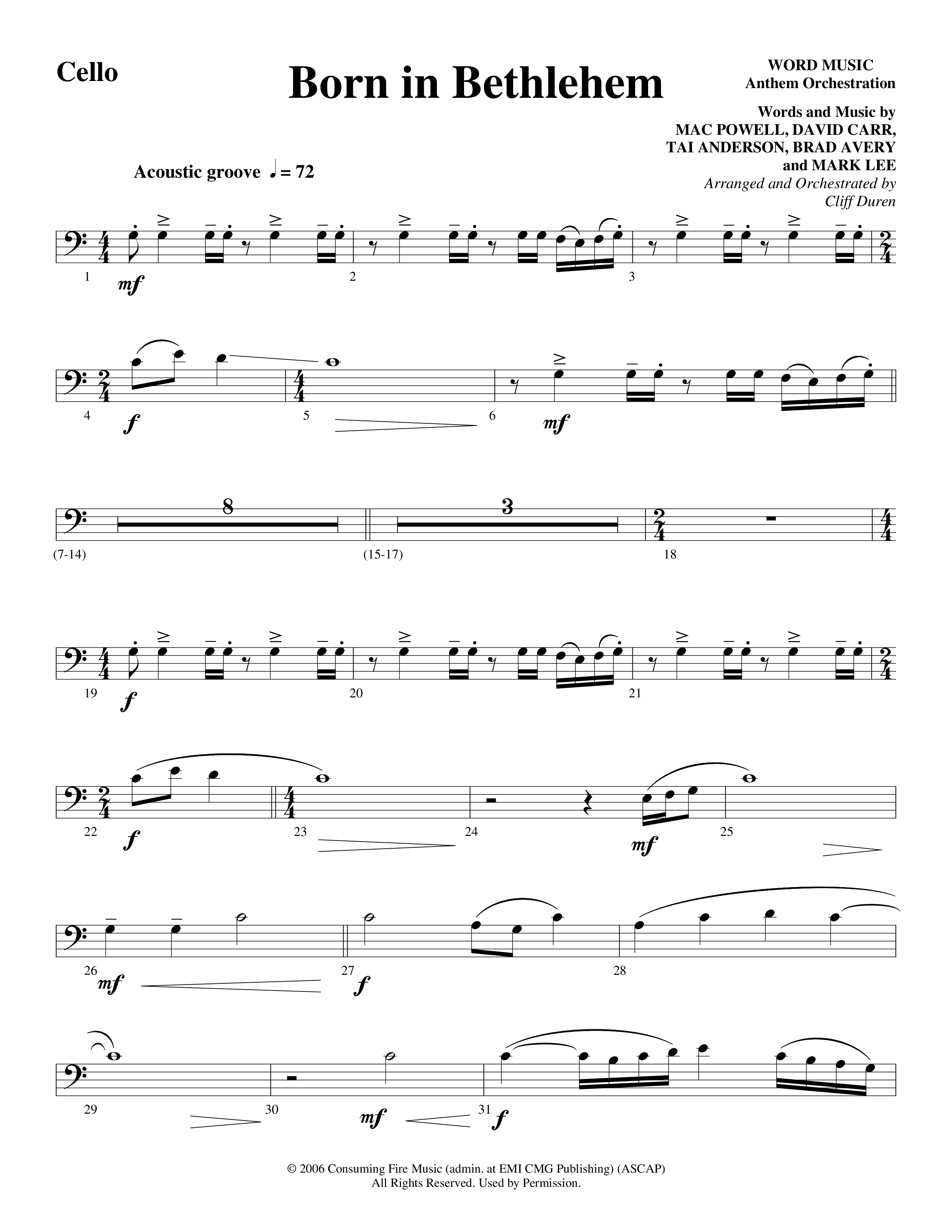 Born In Bethlehem (Choral Anthem SATB) Cello (Word Music Choral / Arr. Cliff Duren)