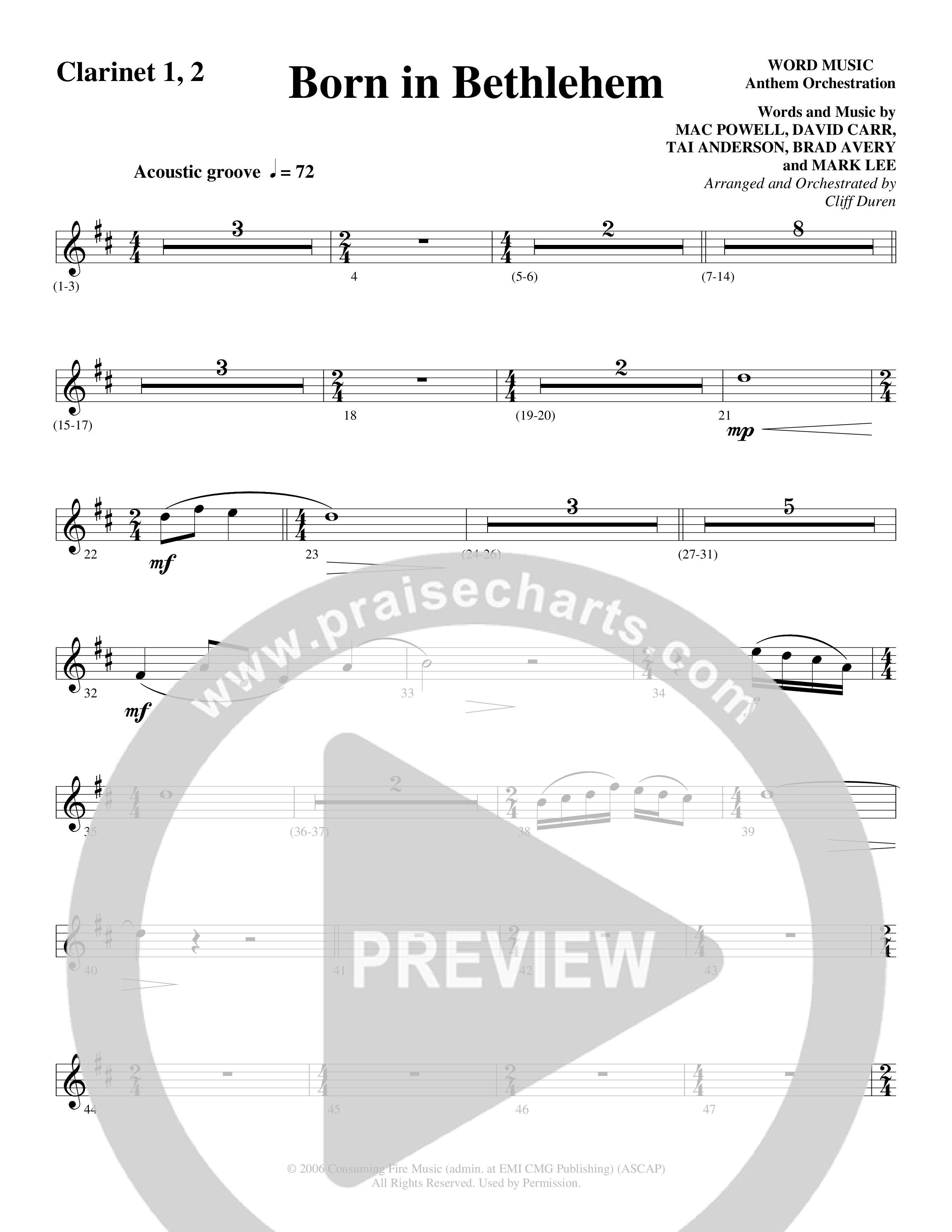 Born In Bethlehem (Choral Anthem SATB) Clarinet 1/2 (Word Music Choral / Arr. Cliff Duren)
