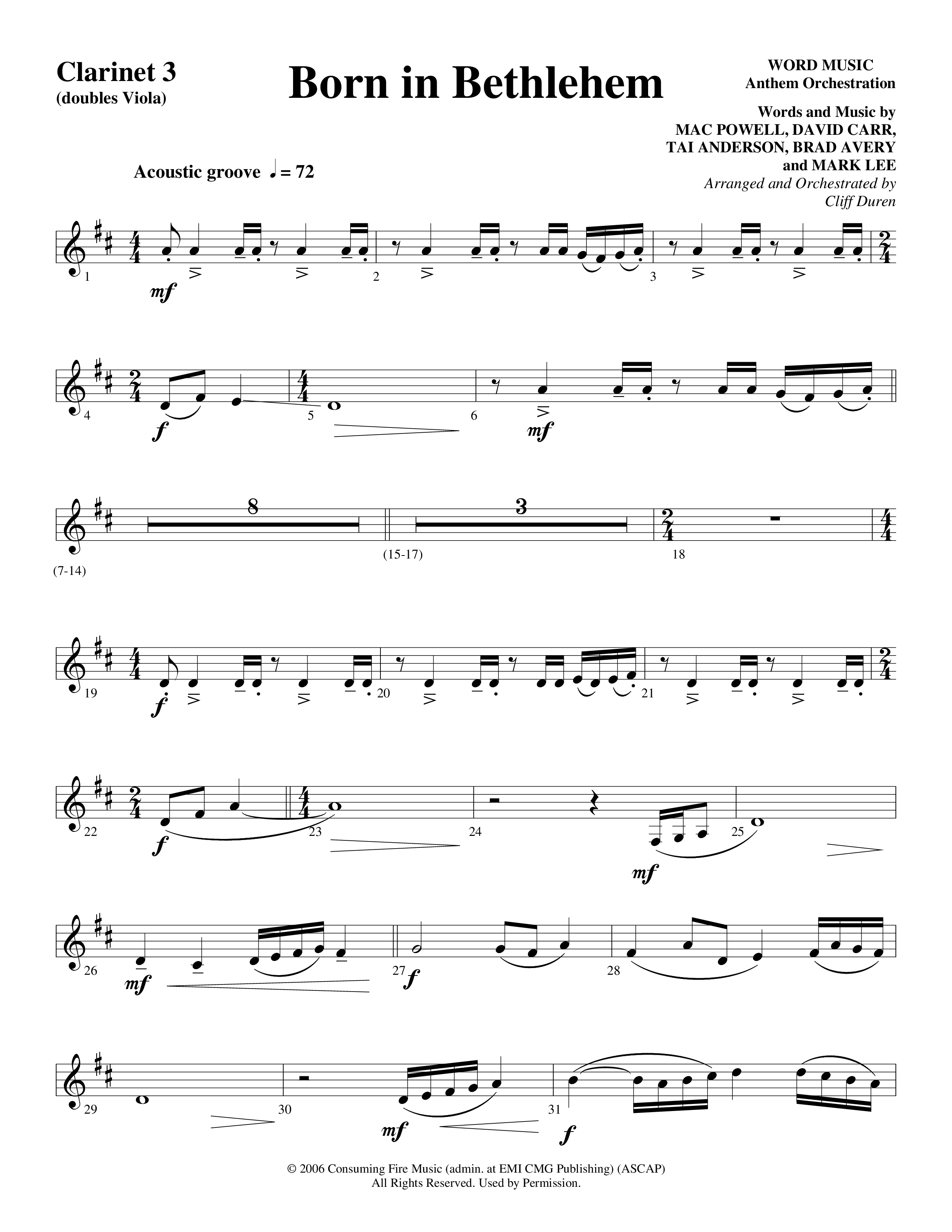Born In Bethlehem (Choral Anthem SATB) Clarinet 3 (Word Music Choral / Arr. Cliff Duren)