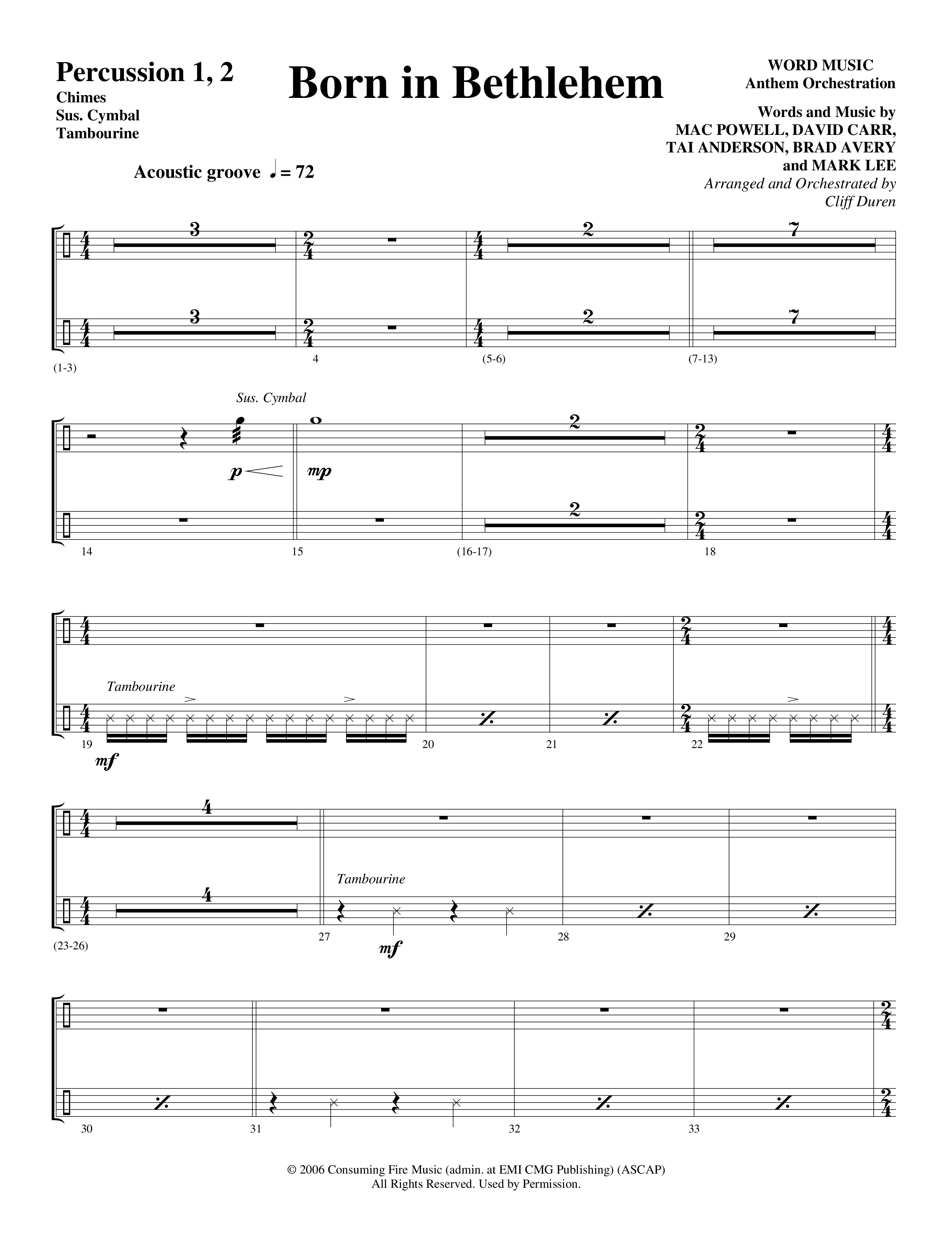 Born In Bethlehem (Choral Anthem SATB) Percussion 1/2 (Word Music Choral / Arr. Cliff Duren)