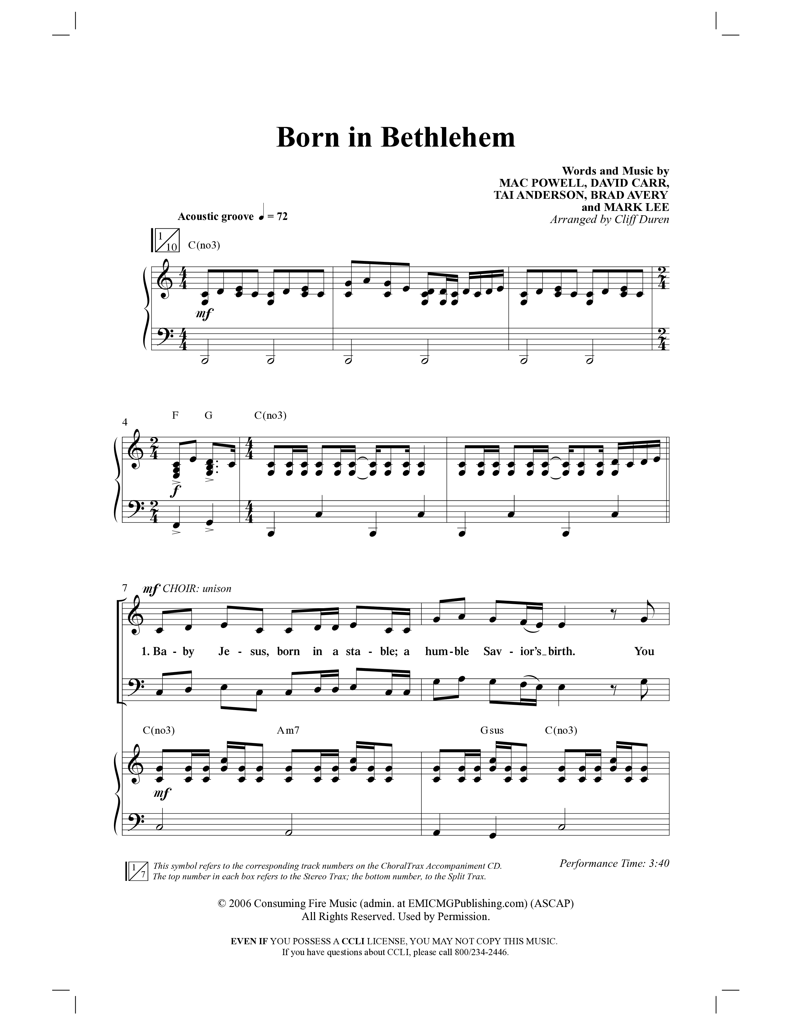 Born In Bethlehem (Choral Anthem SATB) Anthem (SATB/Piano) (Word Music Choral / Arr. Cliff Duren)