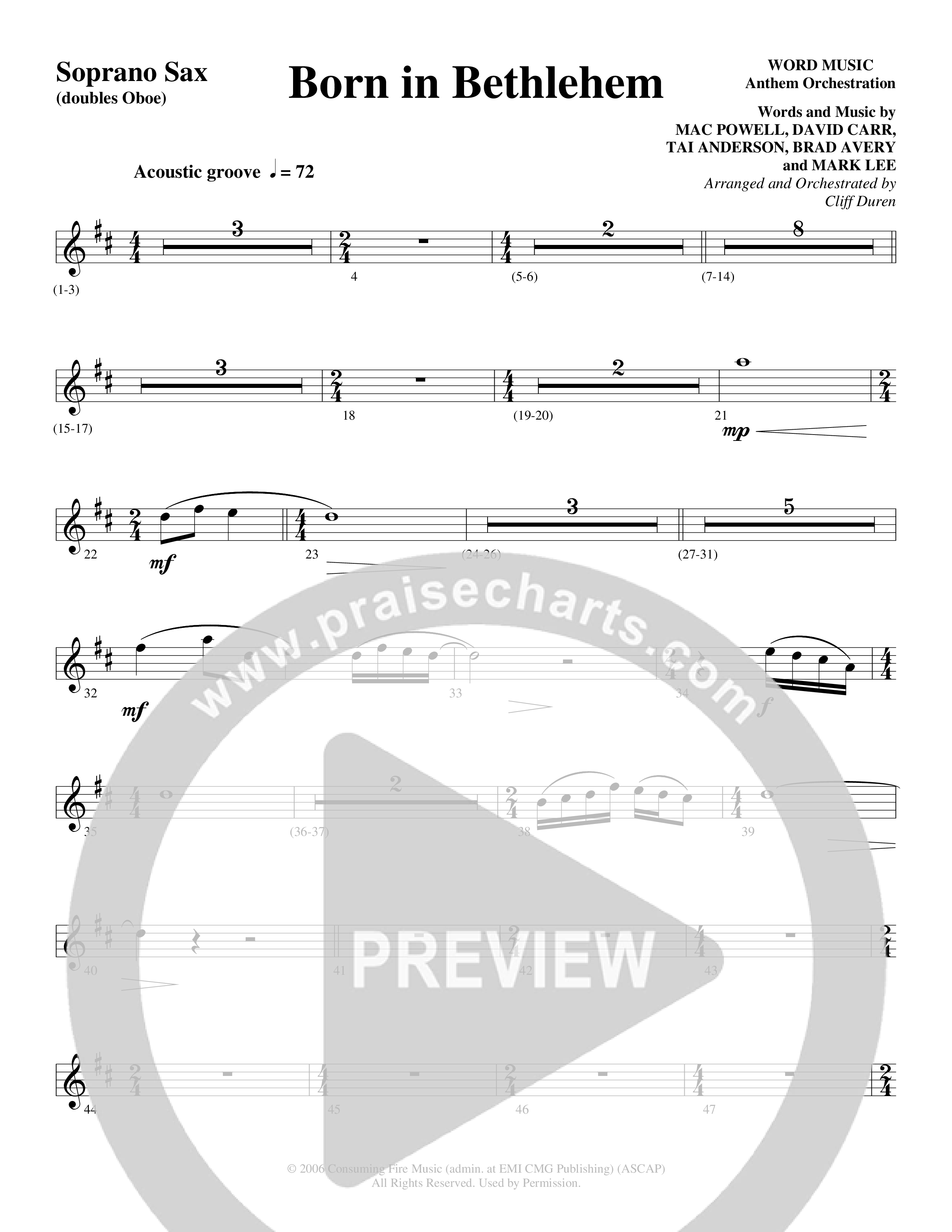 Born In Bethlehem (Choral Anthem SATB) Soprano Sax (Word Music Choral / Arr. Cliff Duren)