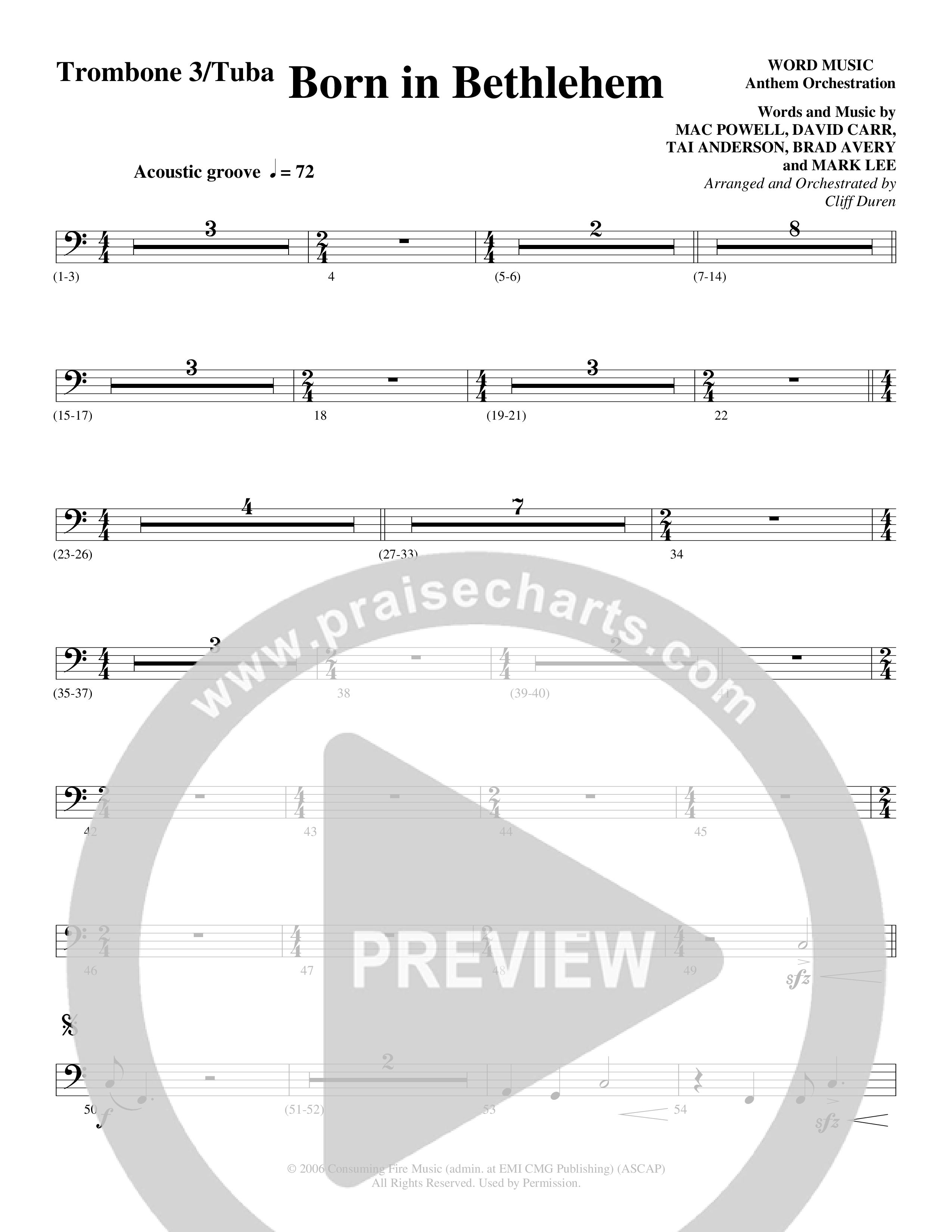 Born In Bethlehem (Choral Anthem SATB) Trombone 3/Tuba (Word Music Choral / Arr. Cliff Duren)
